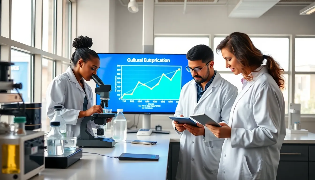 diverse team analyzing water samples in a modern laboratory.