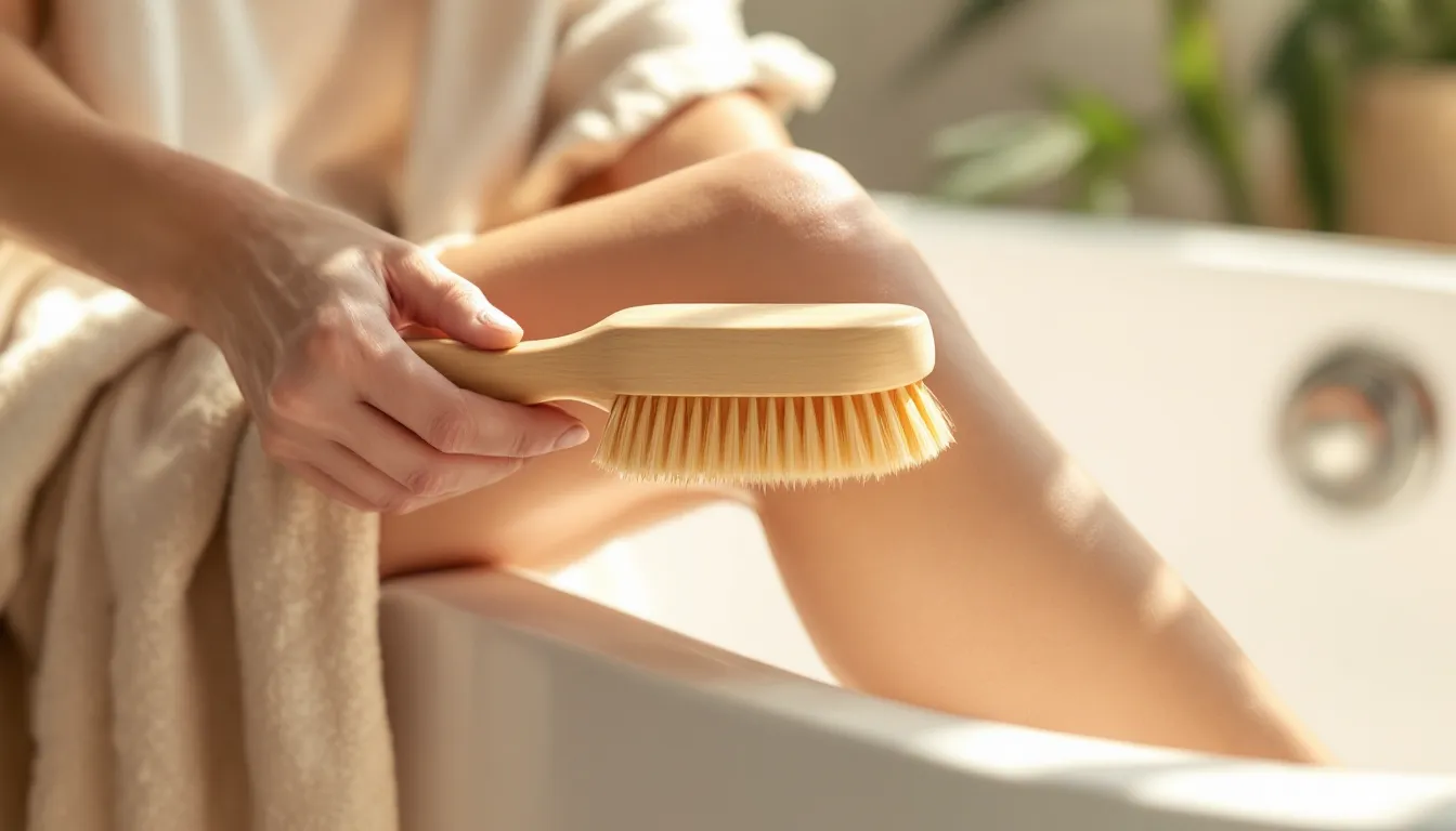 Woman dry brushing her leg with a natural-bristle brush in a sunlit bathroom.