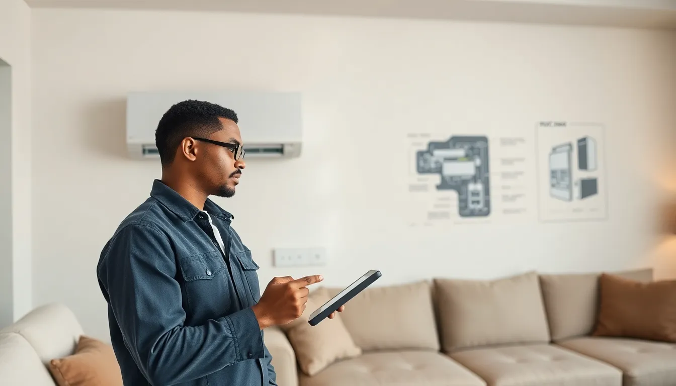 HVAC technician checking a modern system in a cozy living room.