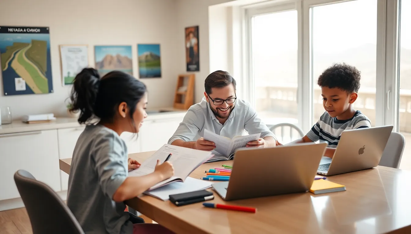 family homeschooling at a kitchen table in a bright, modern home.