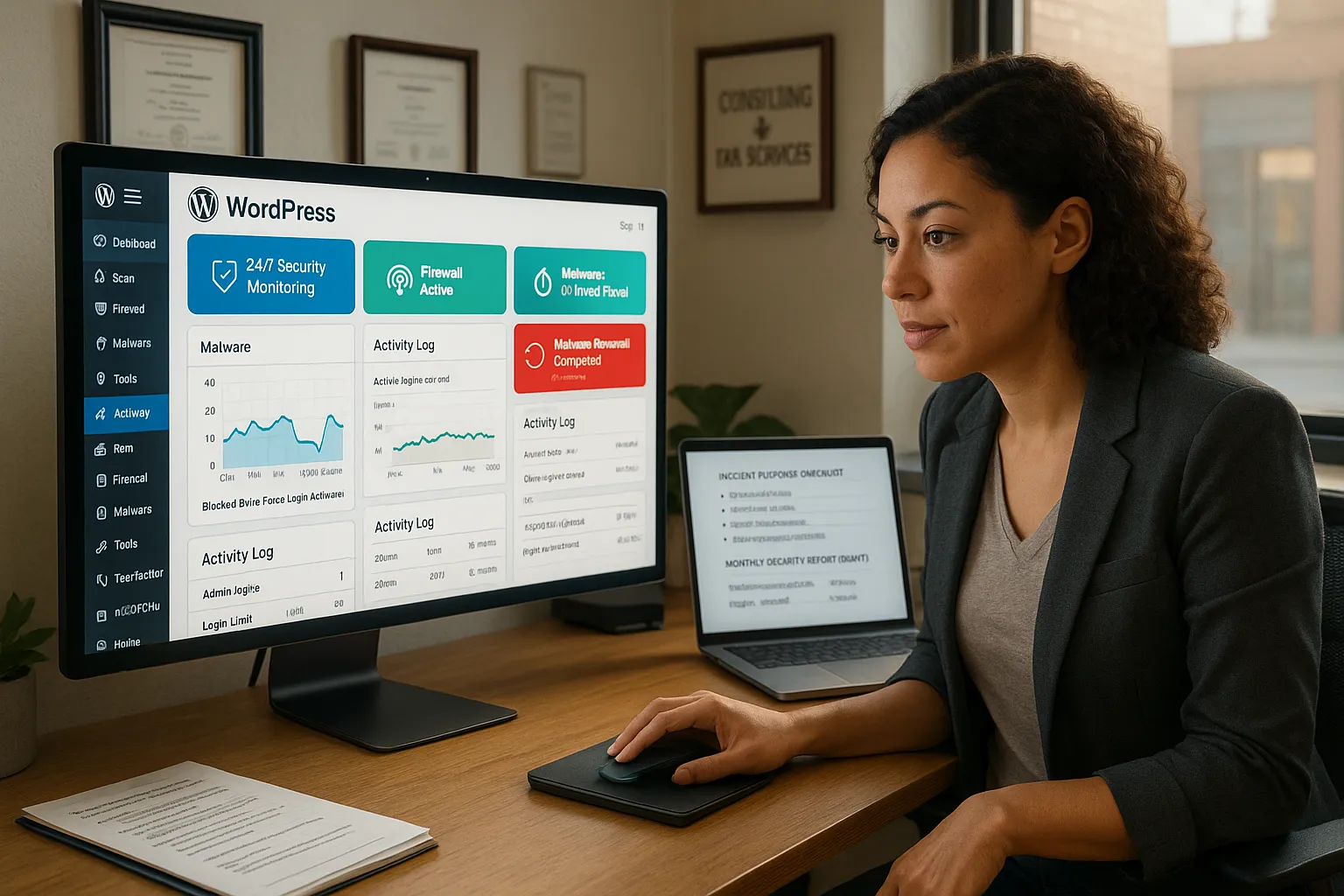 Small business owner reviewing a WordPress security dashboard with active malware protection.