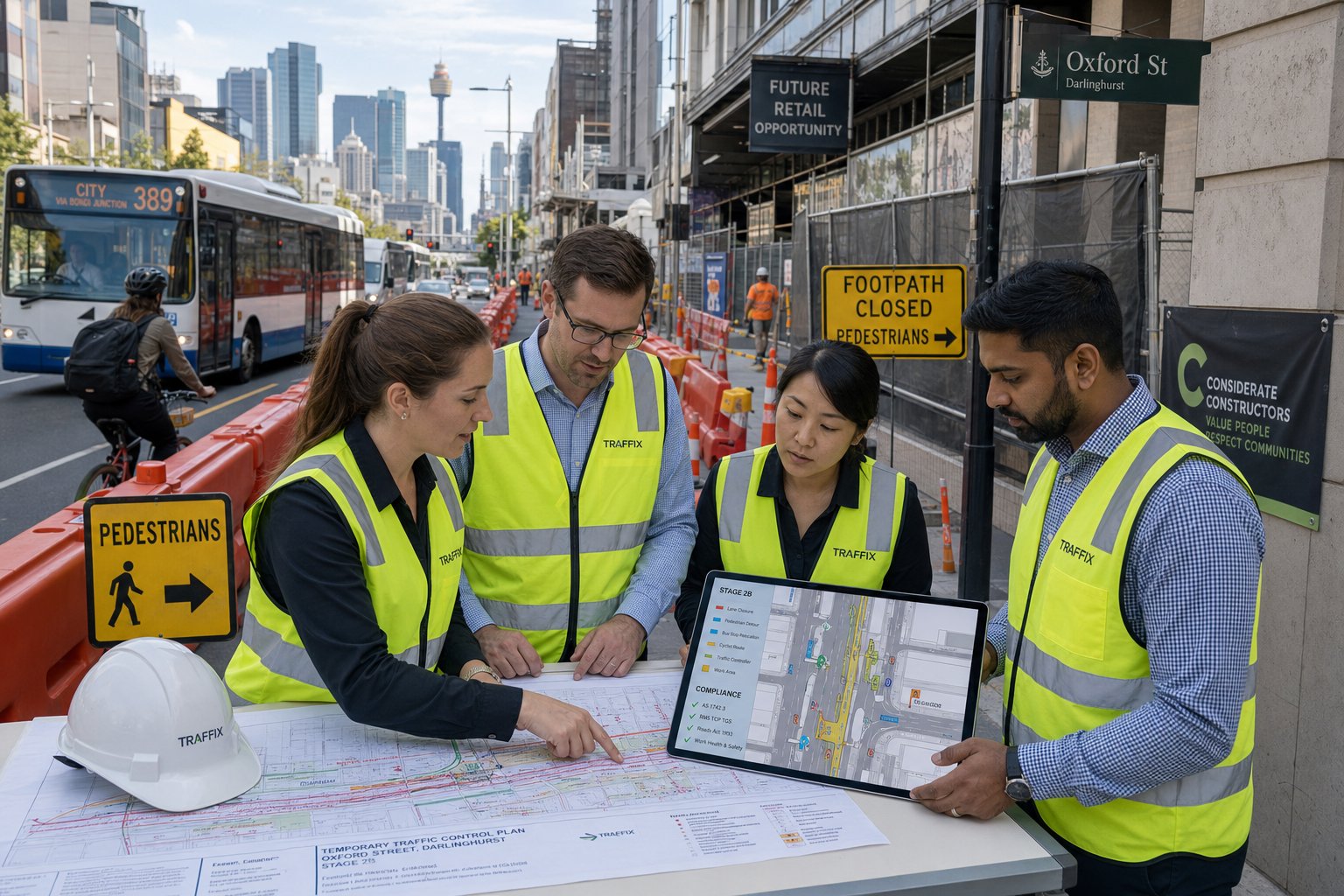 Traffic engineers reviewing a Sydney roadwork traffic plan near a busy street.