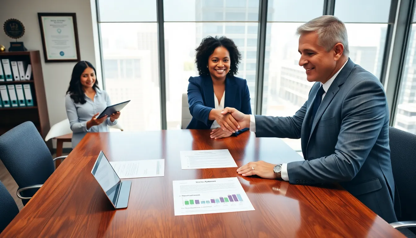 Two professionals shaking hands over signed agreement in a modern office.