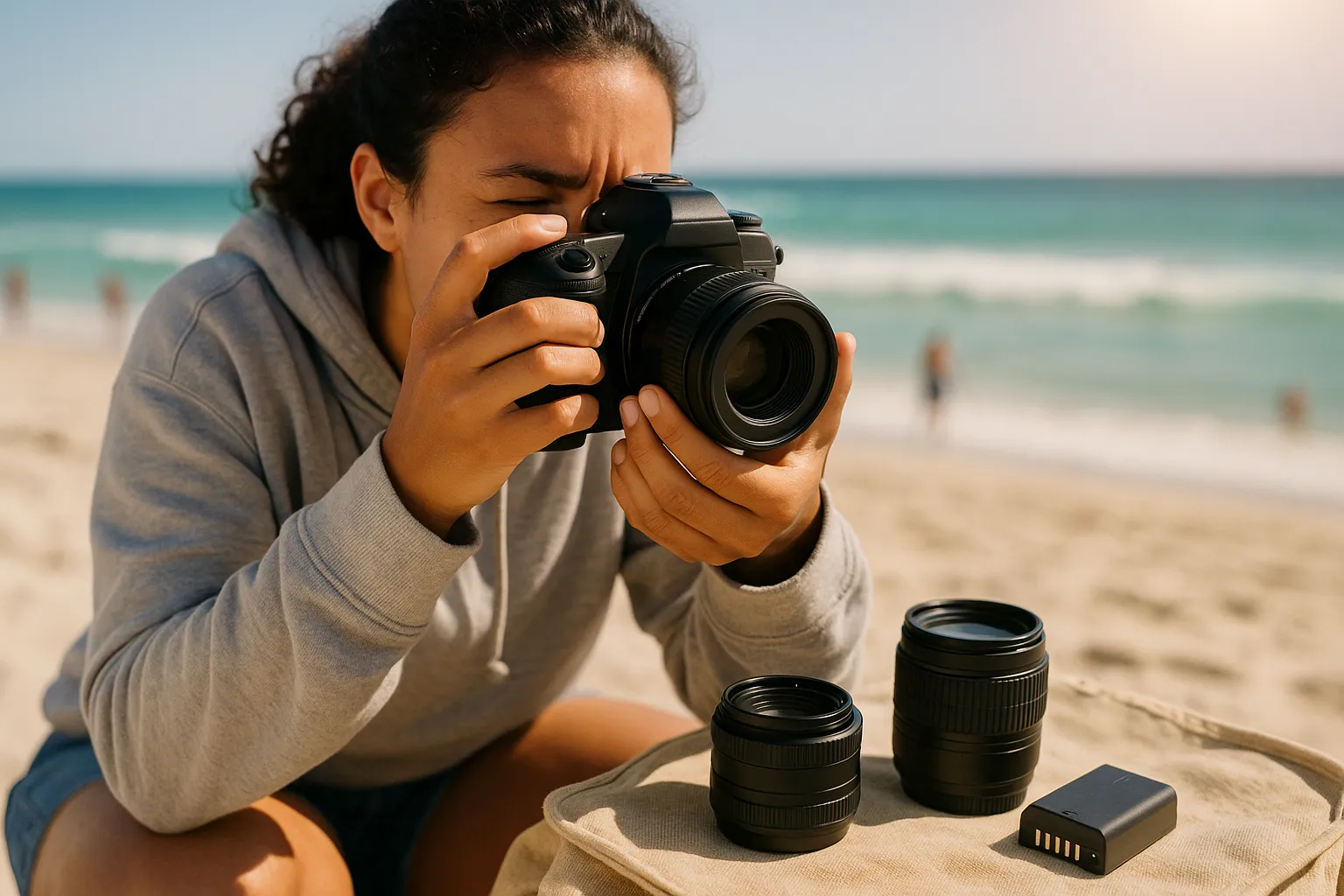 Beginner photographer holding a DSLR to her eye on a sunny beach.