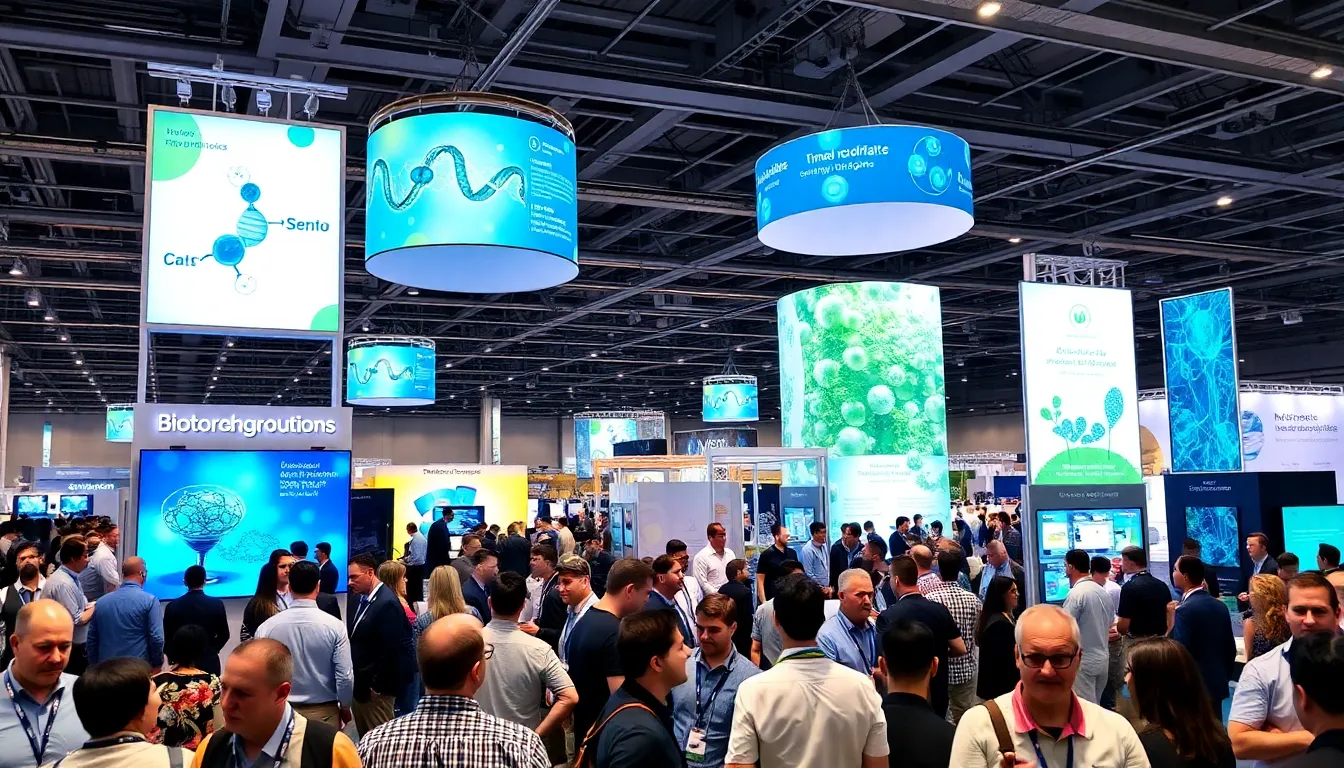 diverse professionals networking at a biotech showcase event.