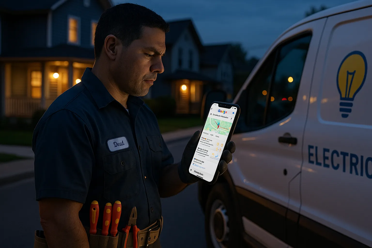 Electrician outside a suburban home checking Google local search results on his phone.