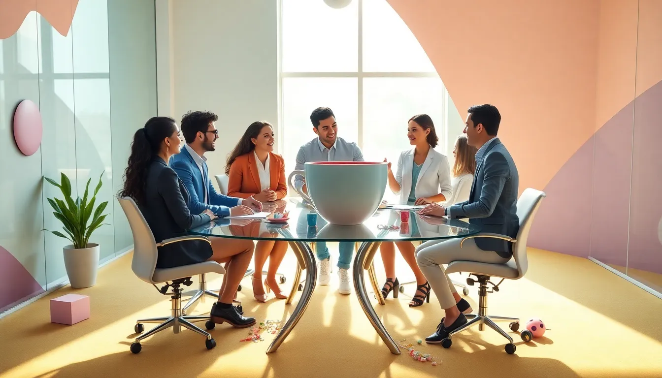 diverse professionals brainstorming in a whimsical modern office.