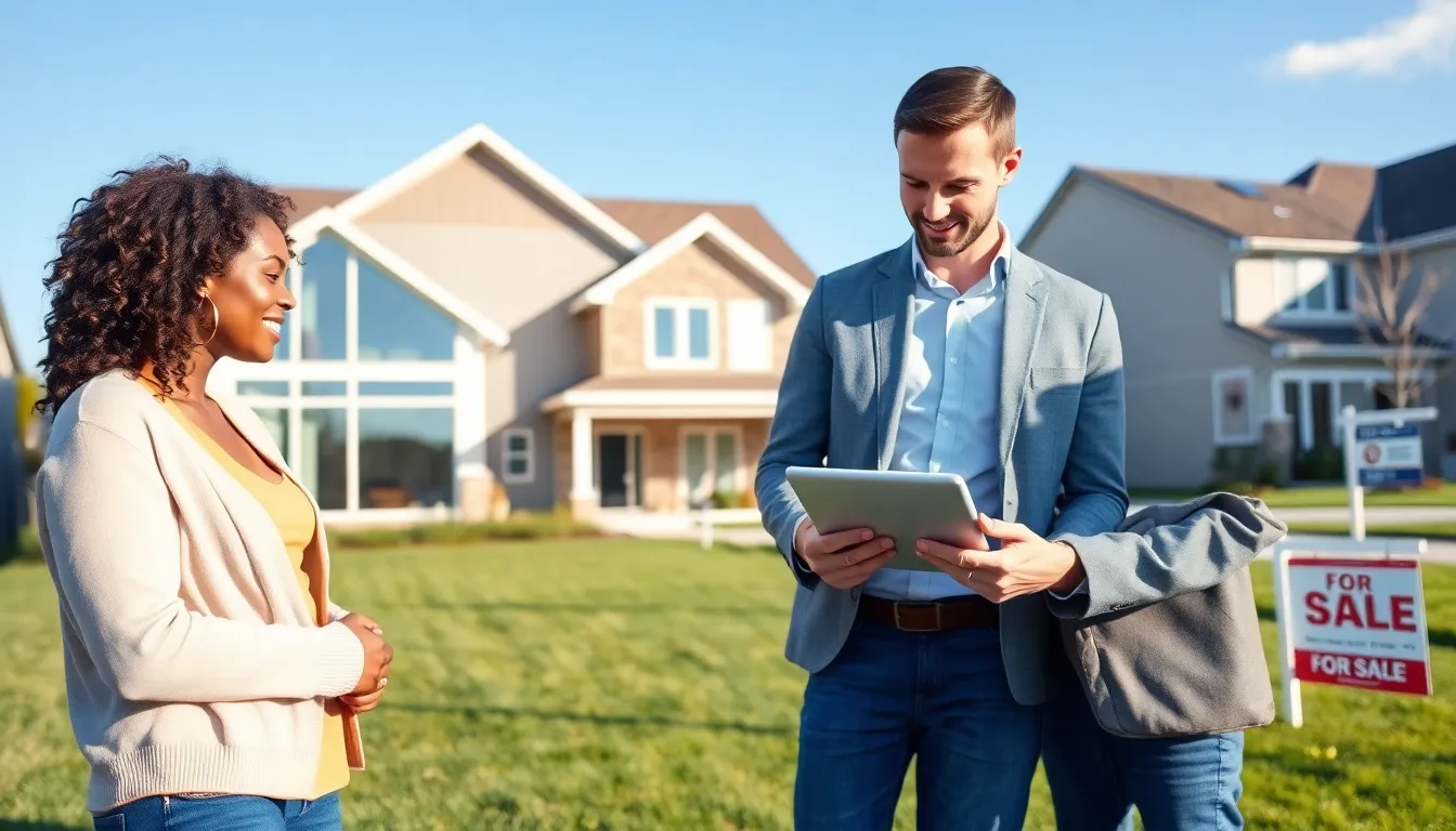 a couple discussing home listings in a suburban neighborhood.