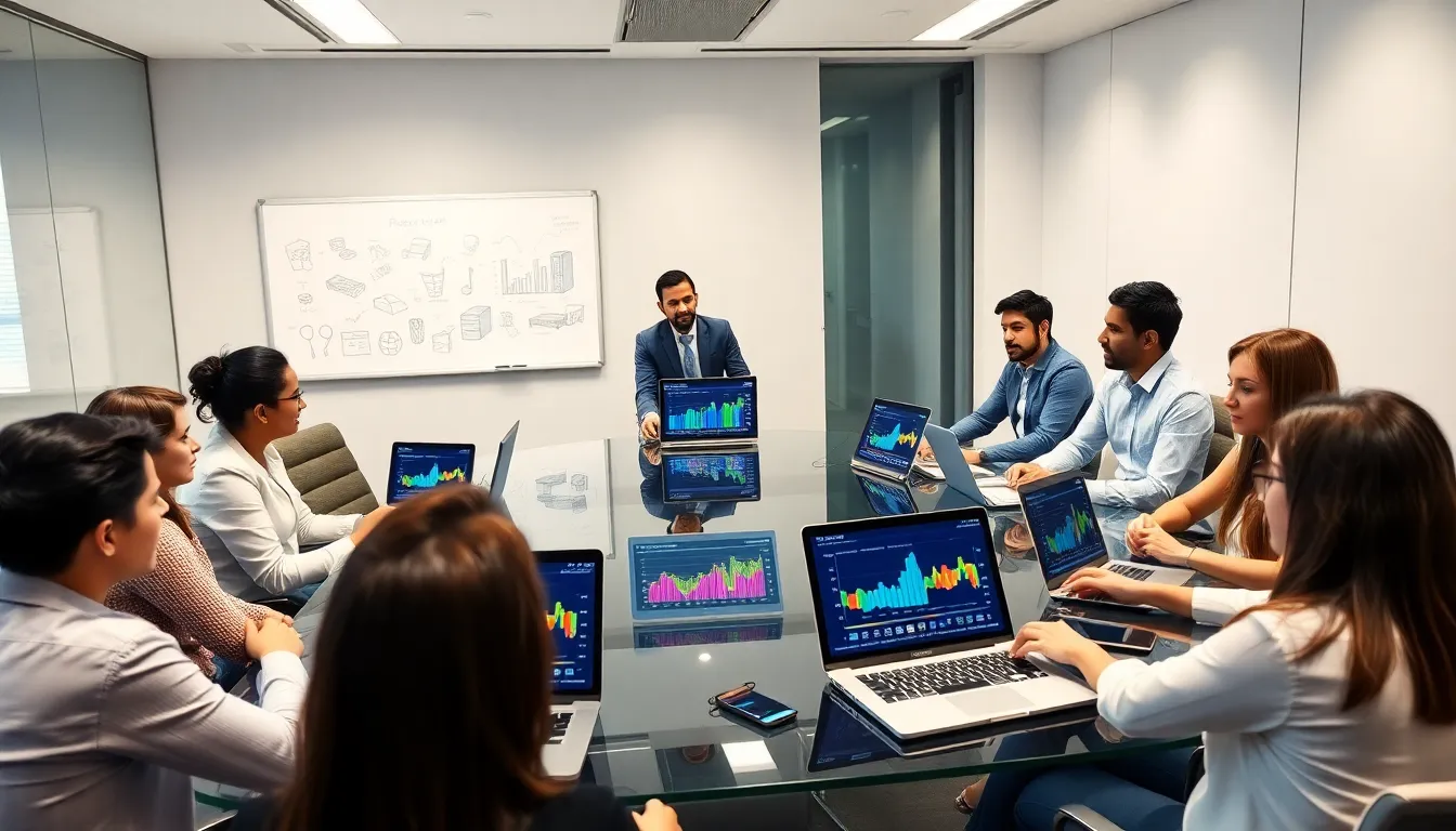 diverse team collaborating on product lifecycle management in a modern office.