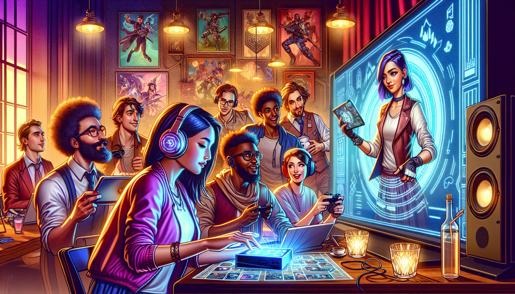 diverse gamers customizing characters in a modern gaming space.