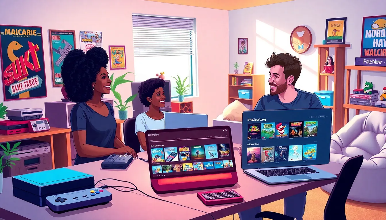 diverse group of gamers in a nostalgic yet modern gaming workspace.