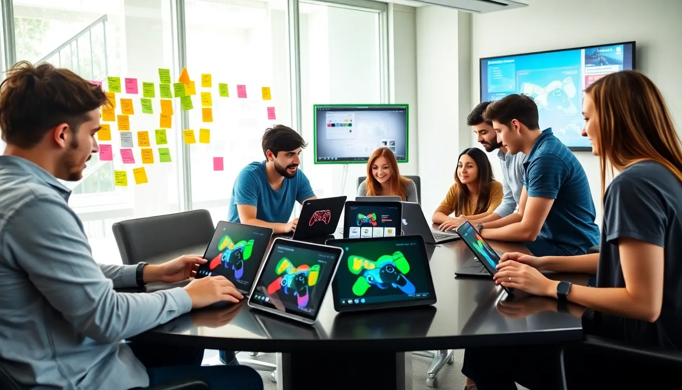 diverse team collaborating on creative game designs in a modern office.