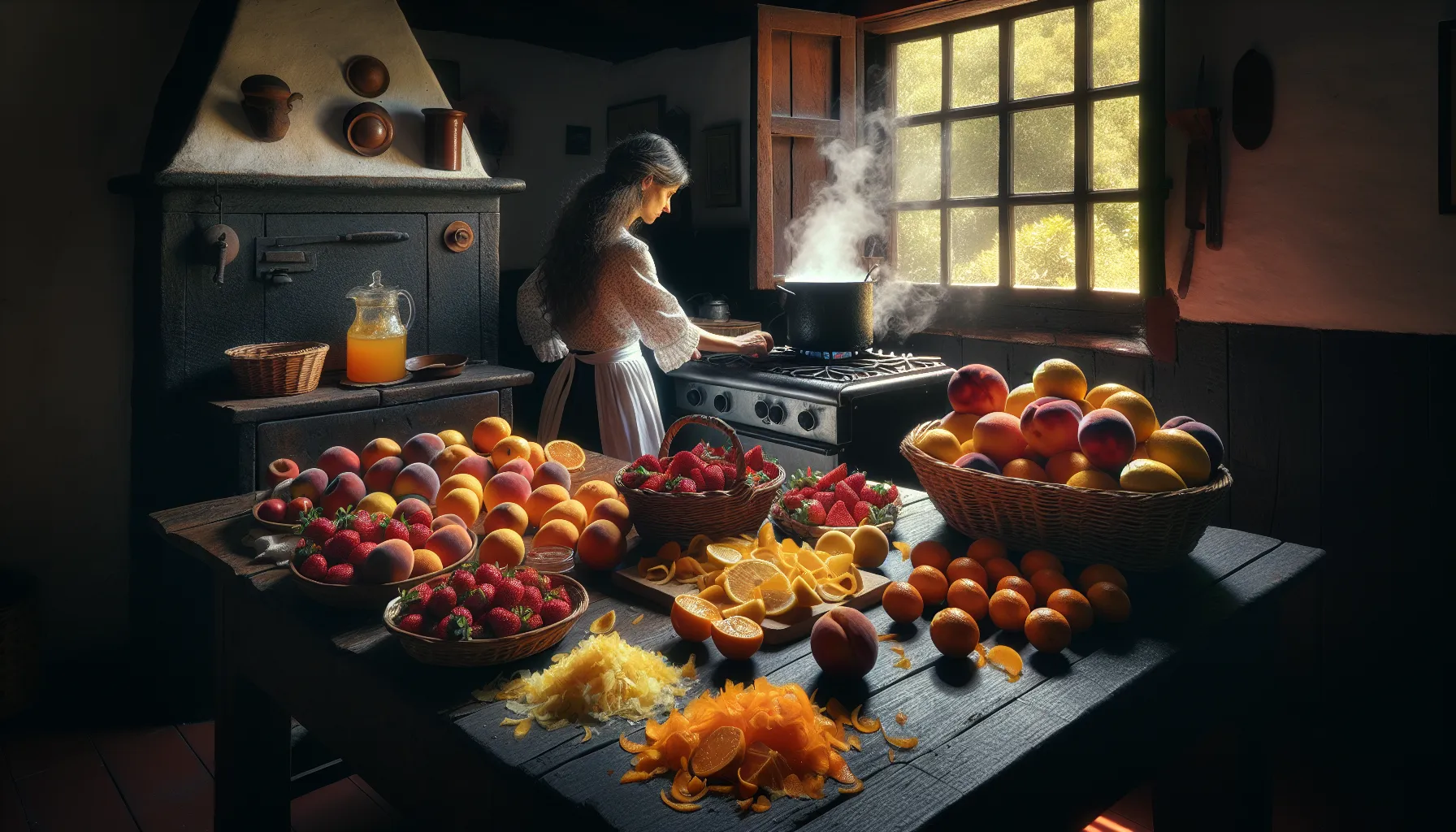 A kitchen scene showing jam and marmalade preparation with fruits and citrus peels.