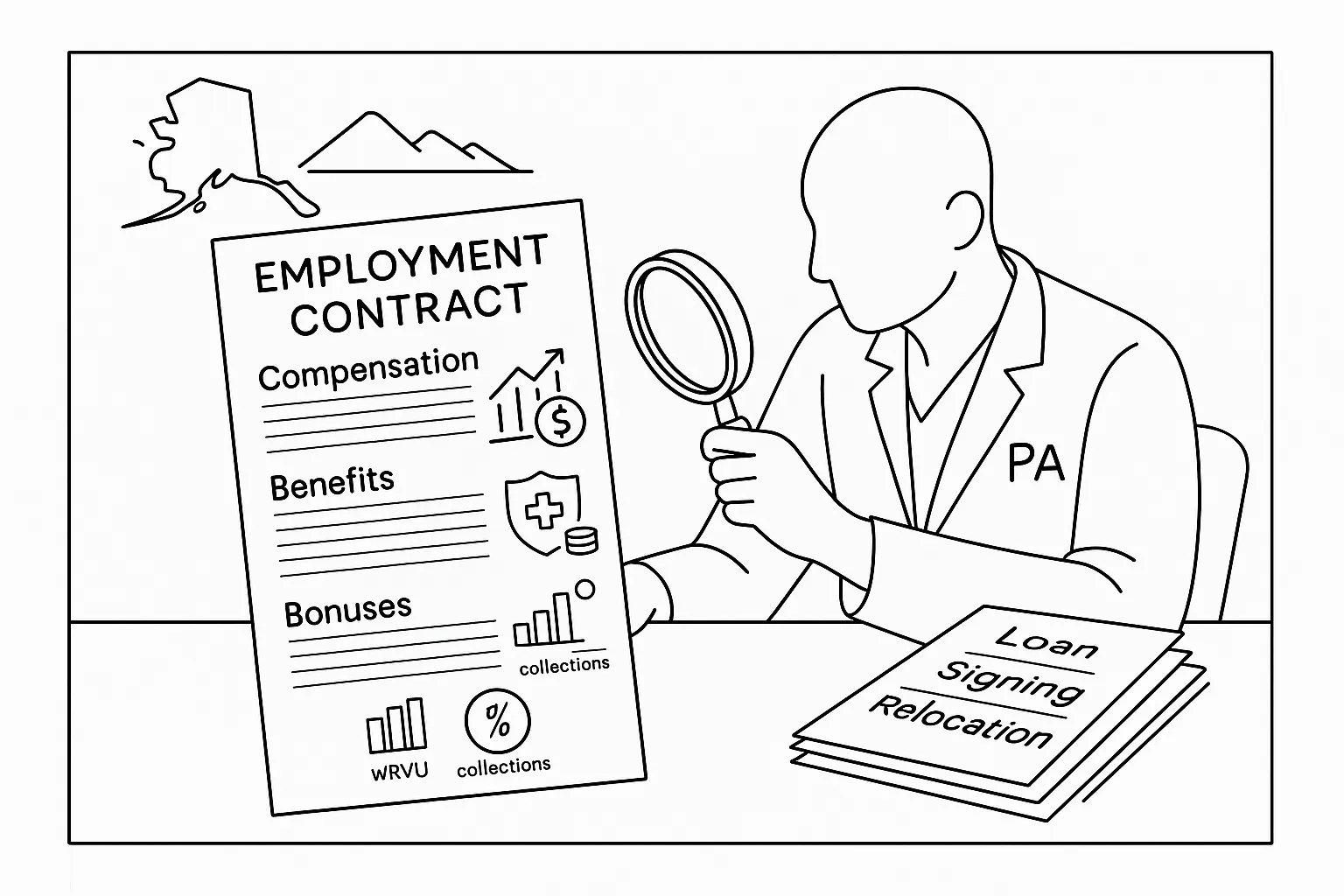 Physician assistant examining a contract with compensation and benefits icons.