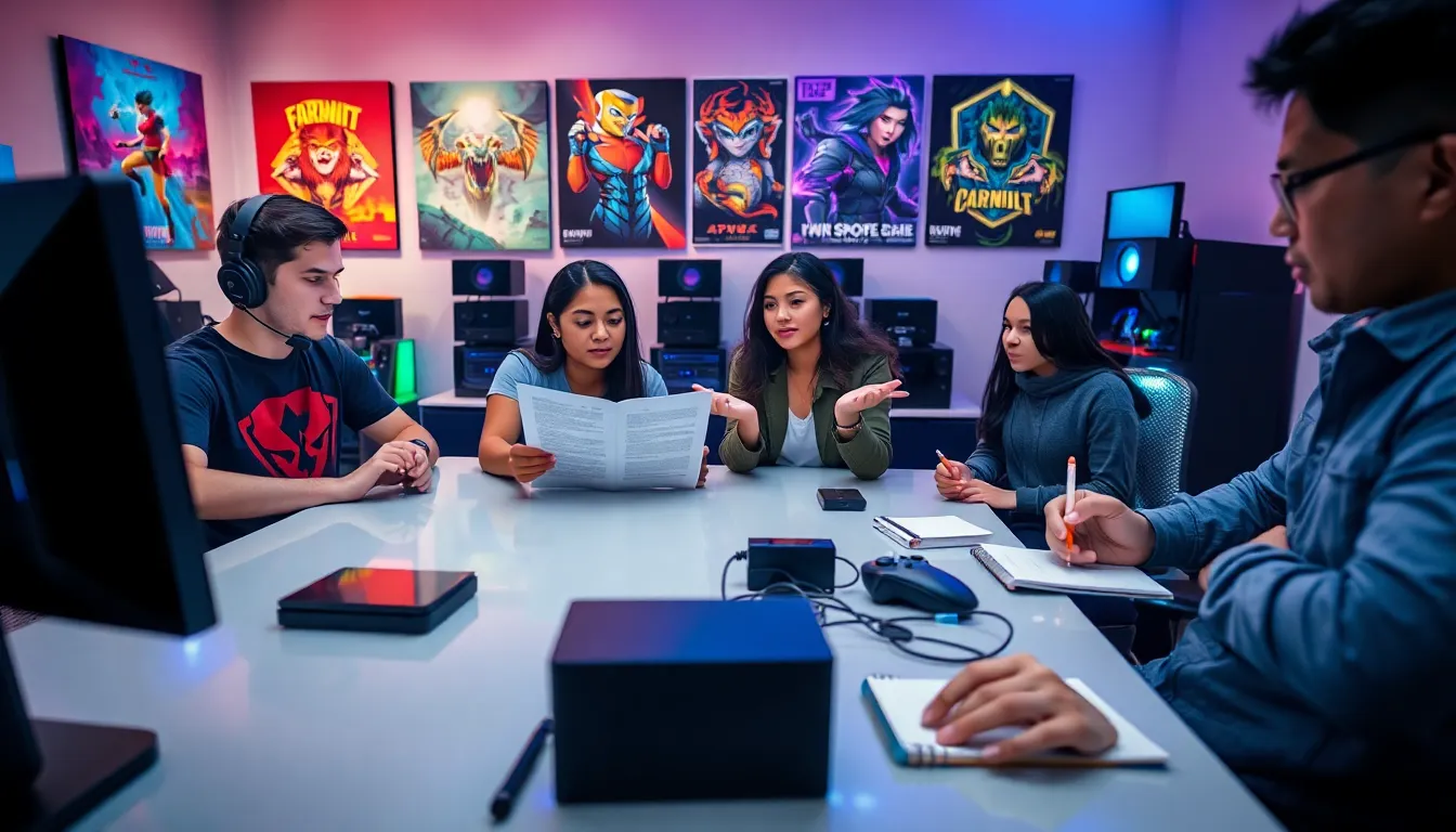 a diverse group of friends discussing gaming terms and conditions in a cozy room.