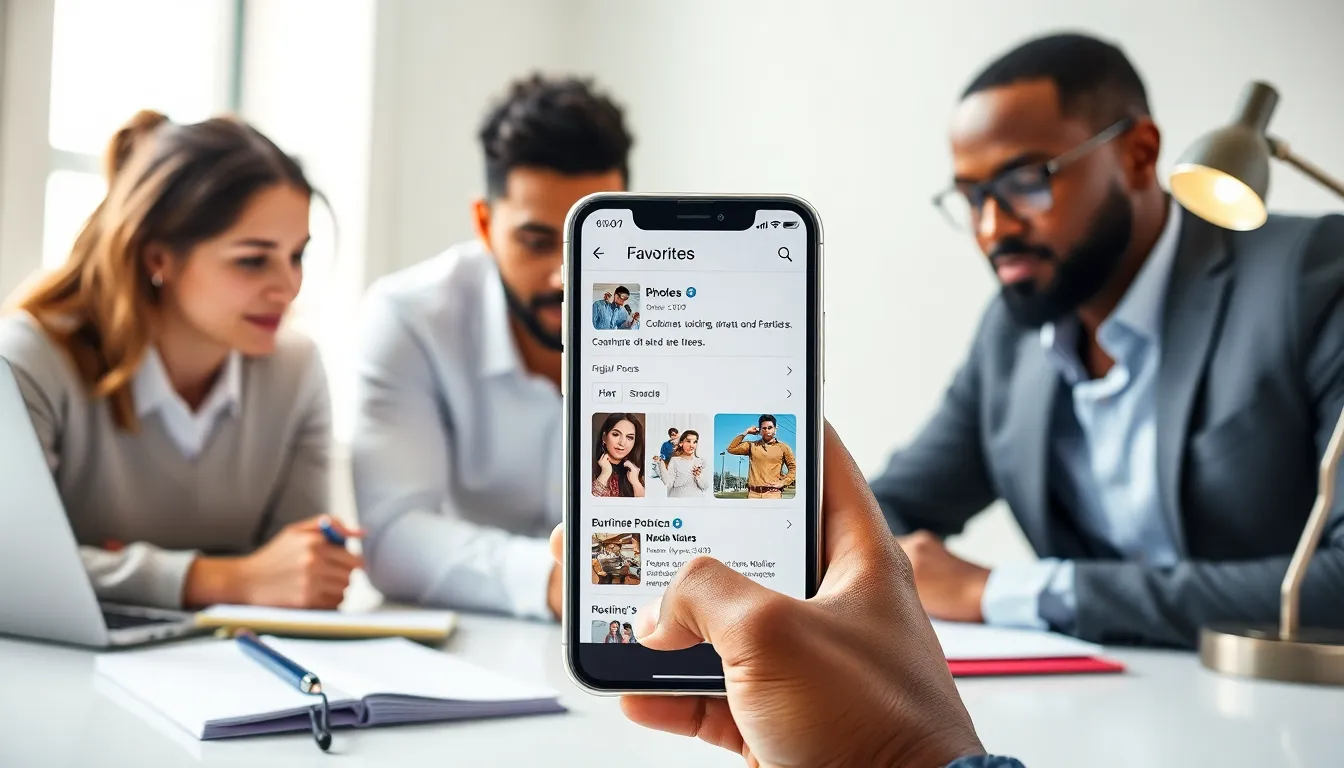 iPhone showing Favorites section with diverse professionals in a modern office.