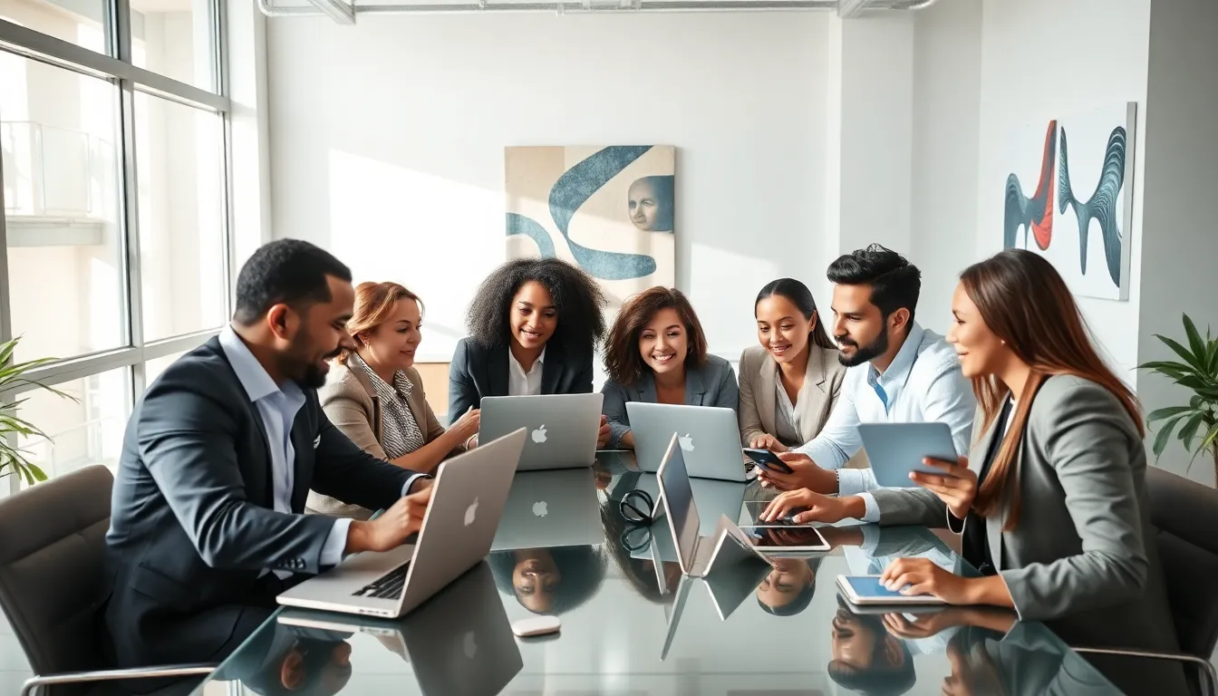 Diverse professionals collaborating in a modern workspace.