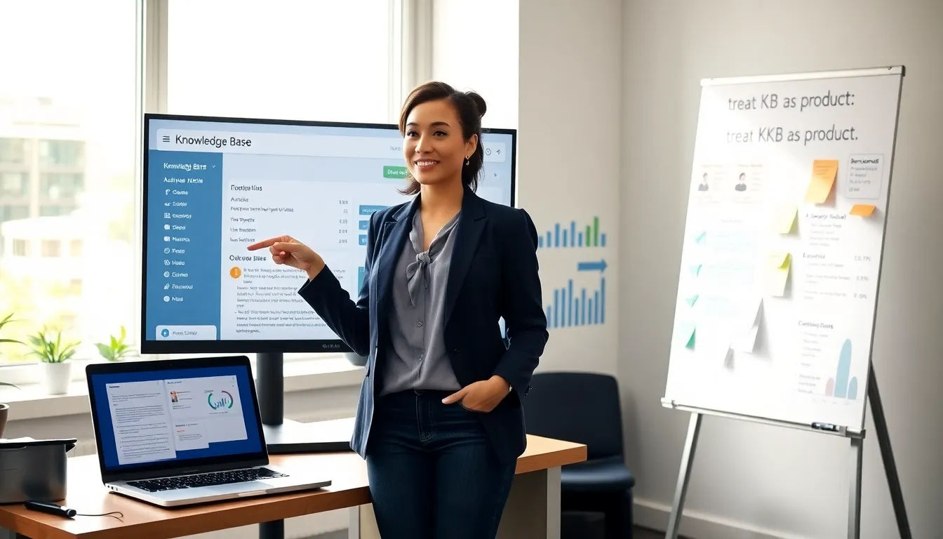 Product manager presenting a knowledge base dashboard in a modern office