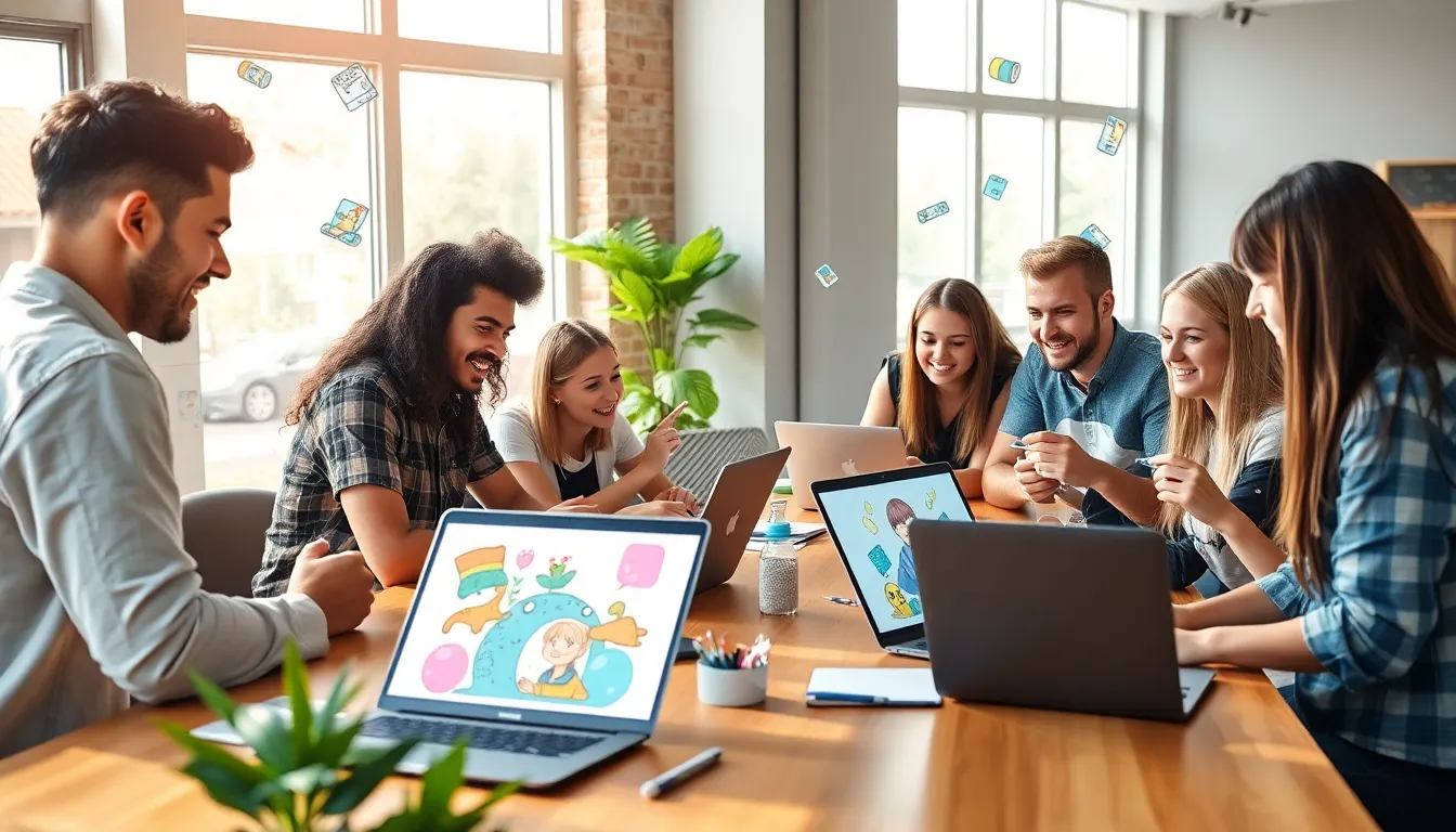 diverse group collaborating in a vibrant digital workspace.