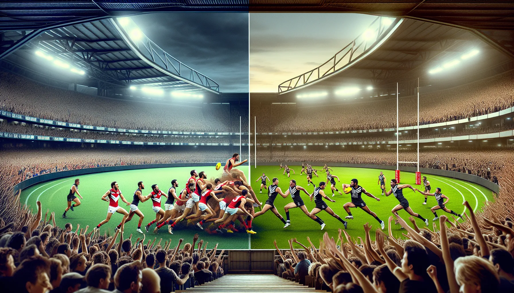 An AFL match contrasted with an NRL game, emphasizing their popularity and fan engagement.