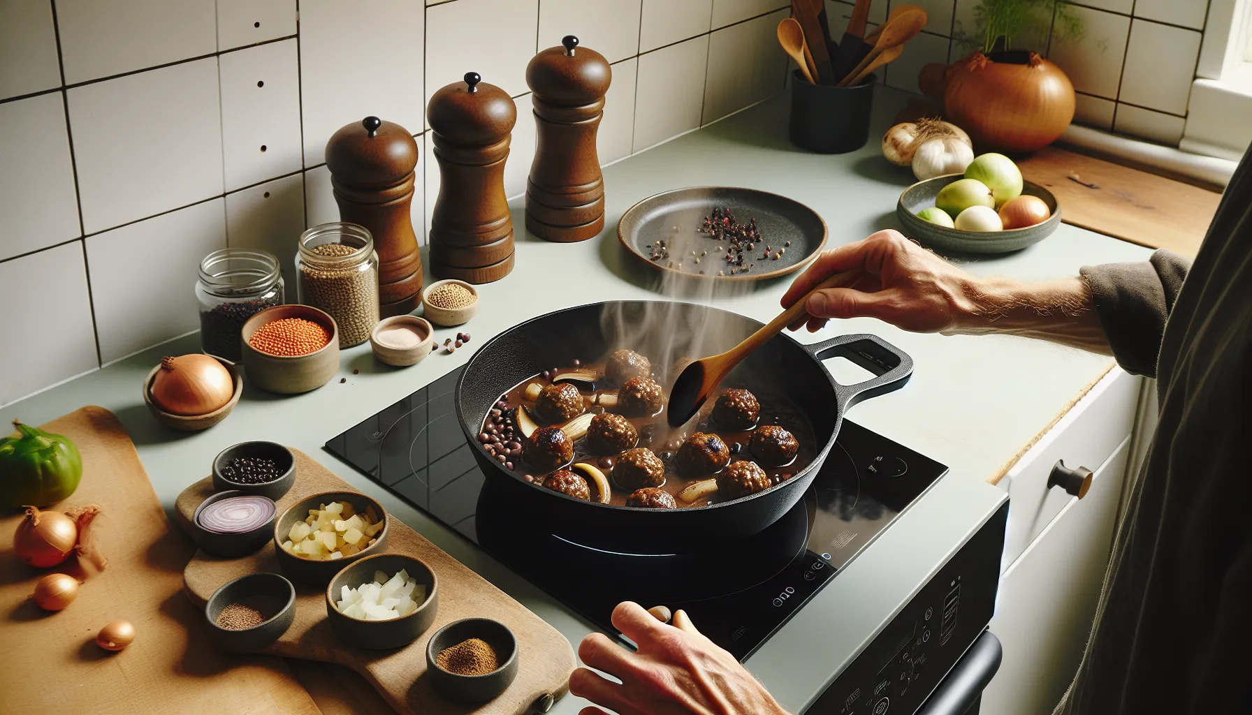 Vegan lentil-mushroom meatballs deglazed in pan, with nordic-style plated sides.