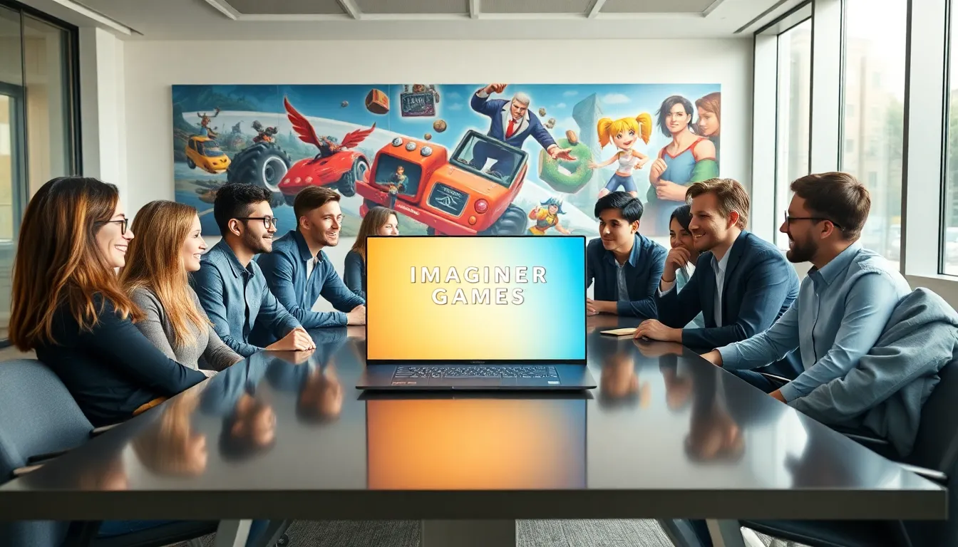 diverse team collaborating in a modern office about game design.