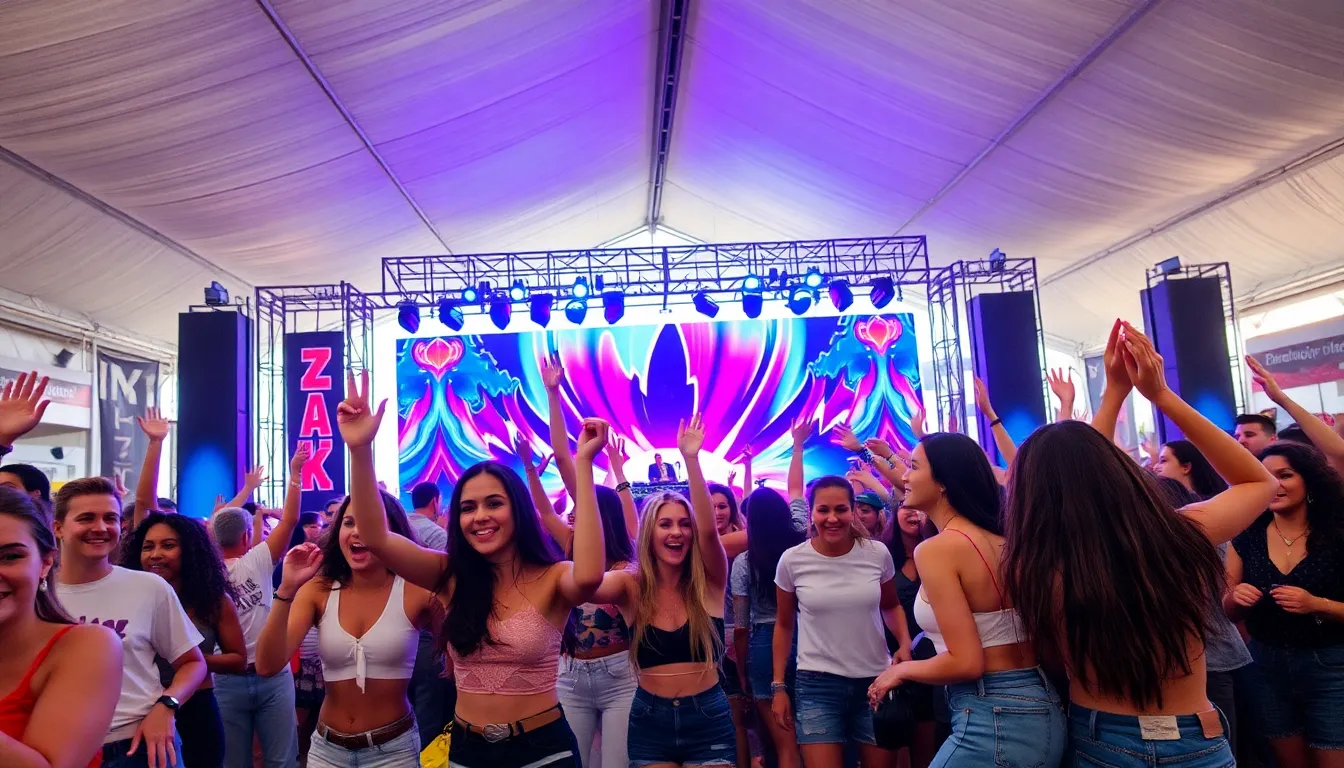 Diverse crowd dancing at a vibrant music festival in 2022.