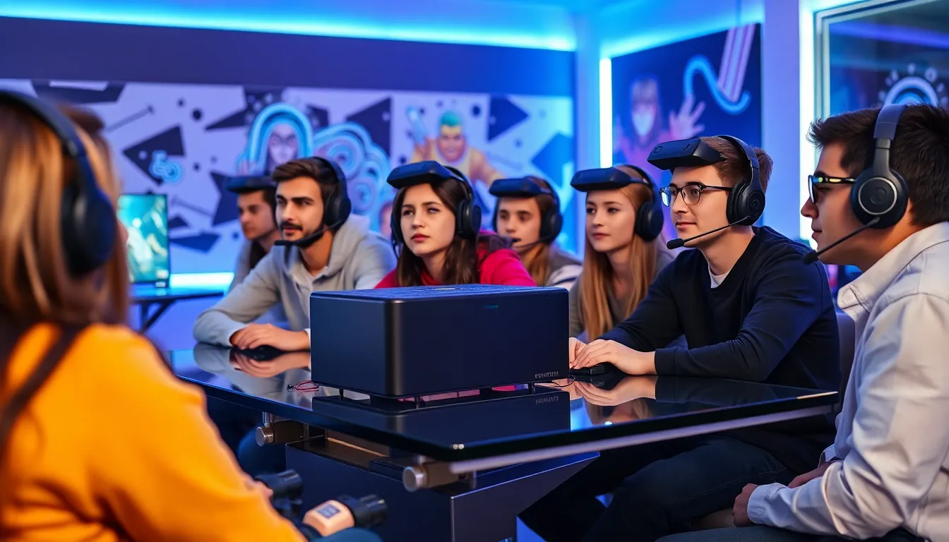 diverse gamers using Eyexcon eye-tracking technology in a modern gaming setup.