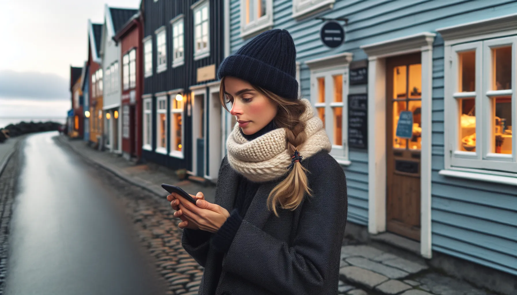 Hvordan bruke medlemsklubber for å støtte lokale bedrifter 3 Woman compares local membership apps on a norwegian small-town main street.