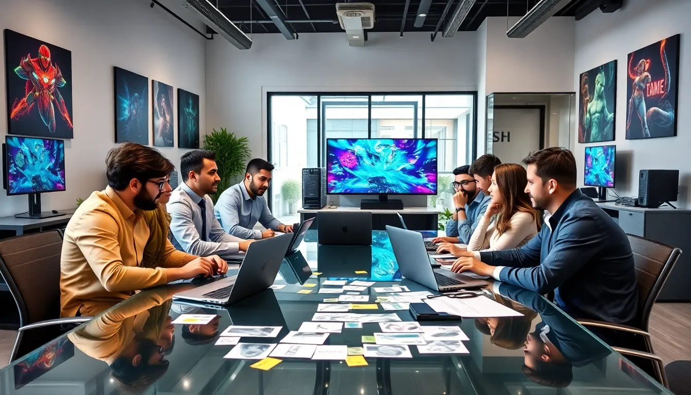 diverse team collaborating on game ideas in a modern office.