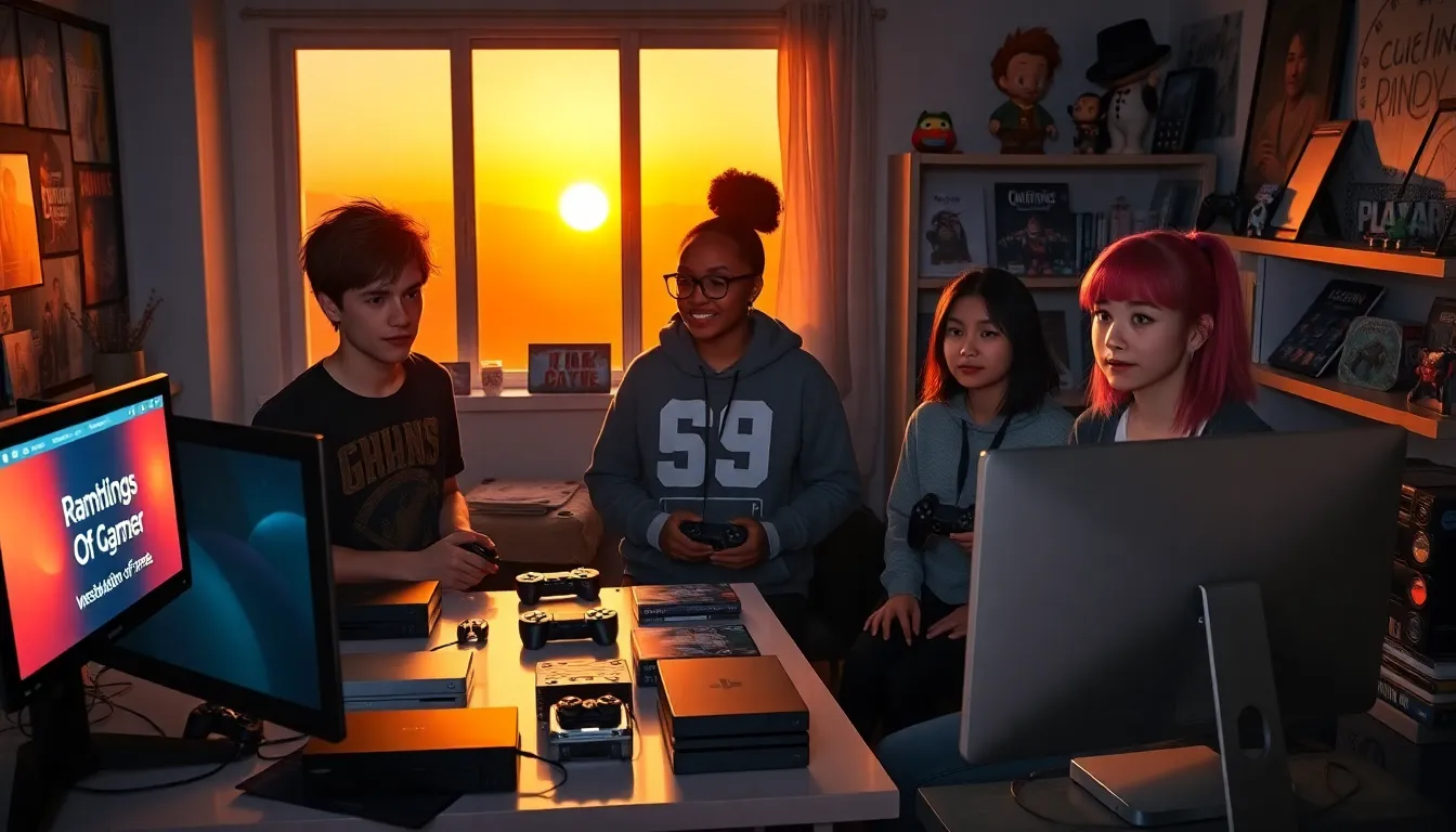a diverse group of gamers discussing PlayStation games in a cozy room.