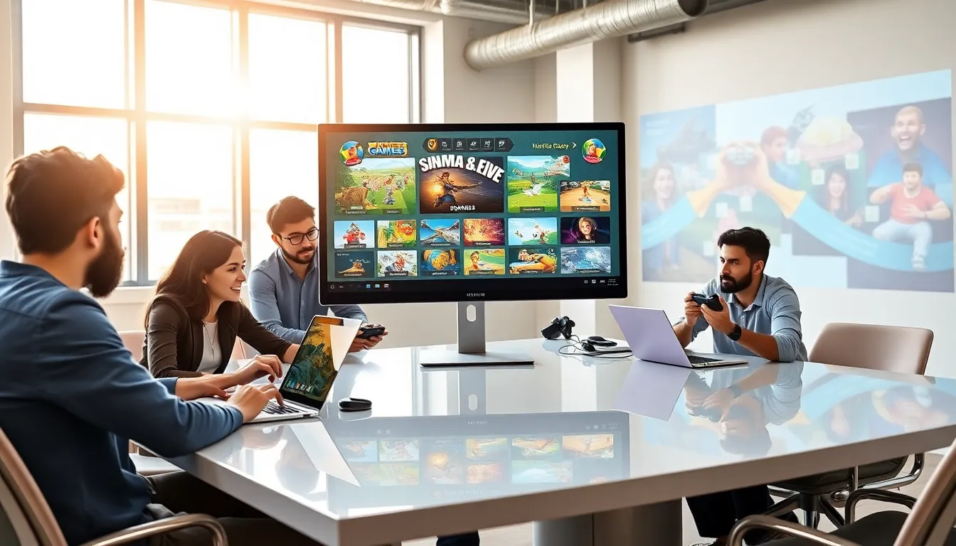 diverse gamers collaborating in a modern office for an online gaming platform.