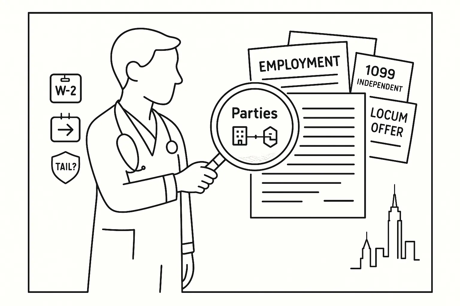 Physician assistant examining labeled contract pages with magnifying glass of New York Physician Assistant Contract Review.