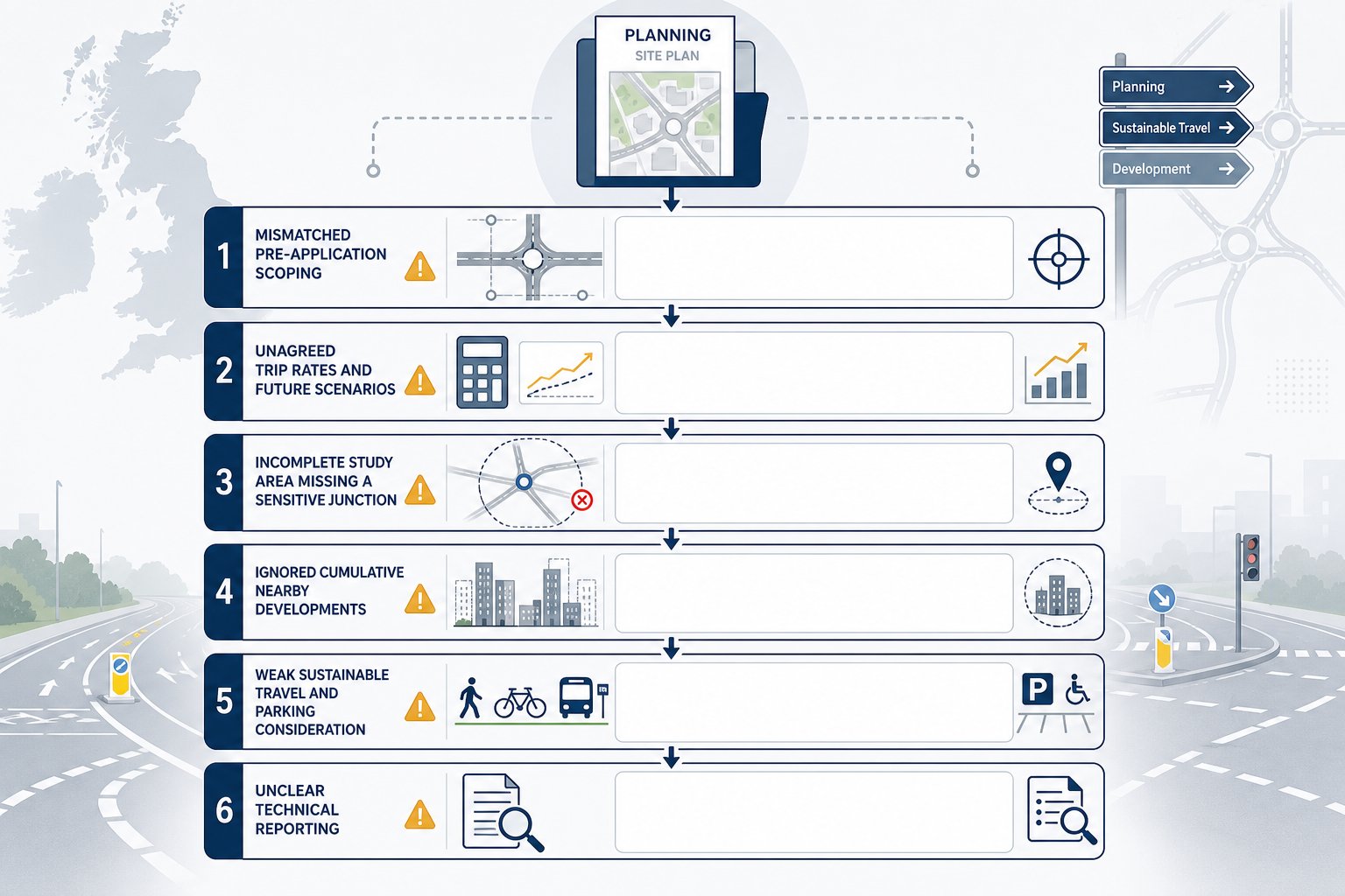 Infographic of common transport assessment issues delaying UK planning applications.