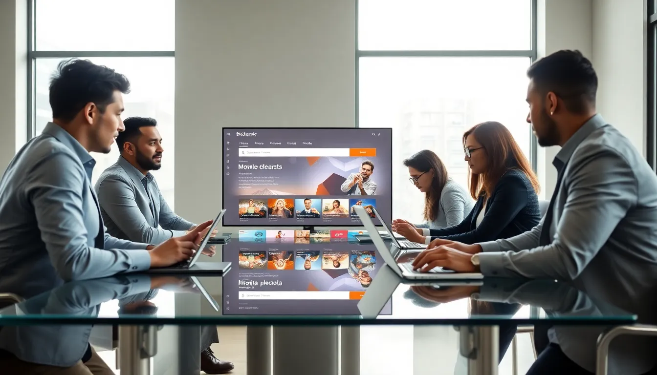 diverse professionals collaborating in a modern workspace on digital tools.