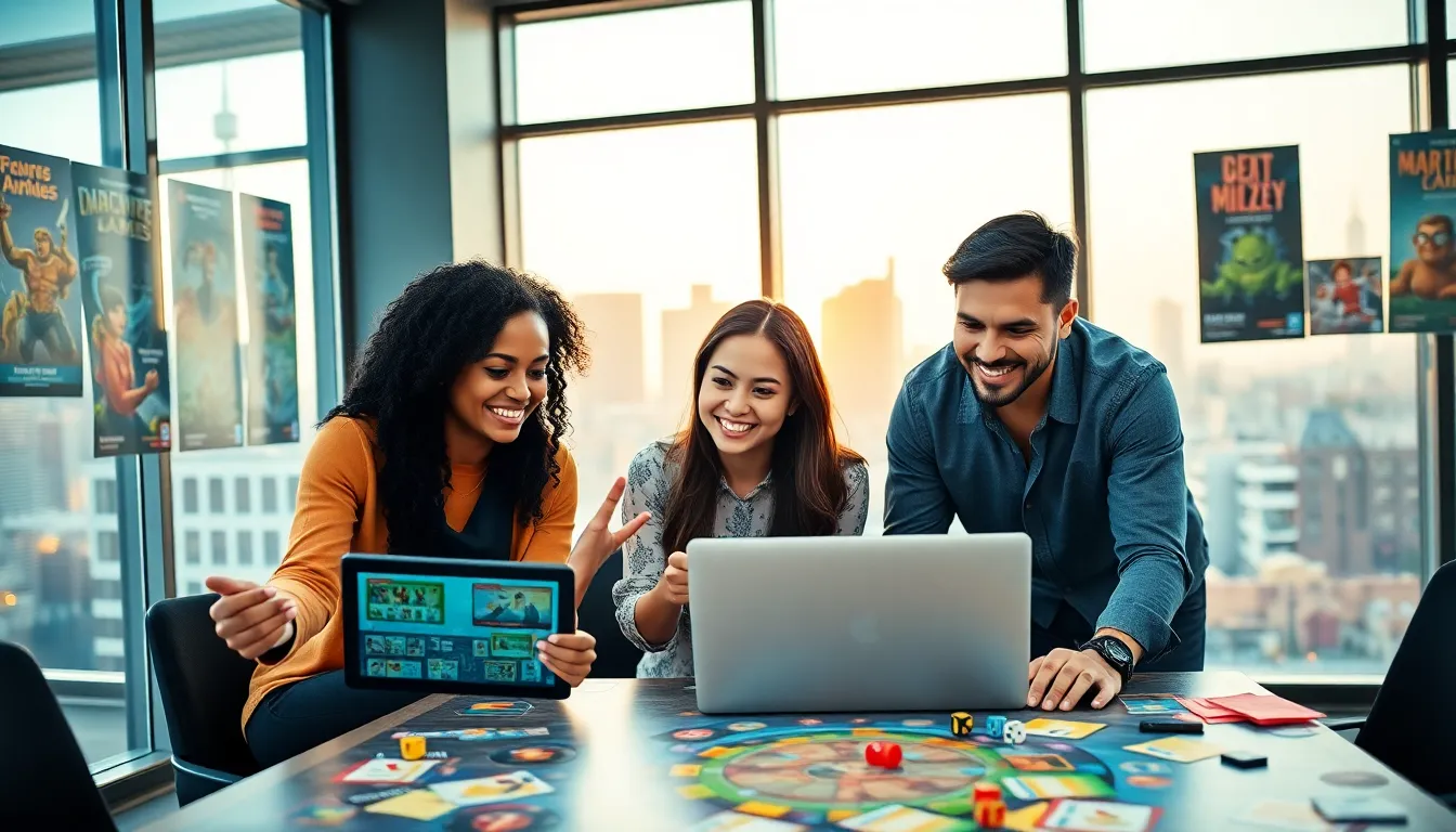 a diverse team collaborating on game designs in a modern office.