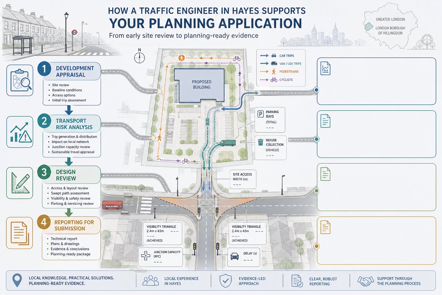 Infographic of traffic engineer planning review steps for a Hayes development site.