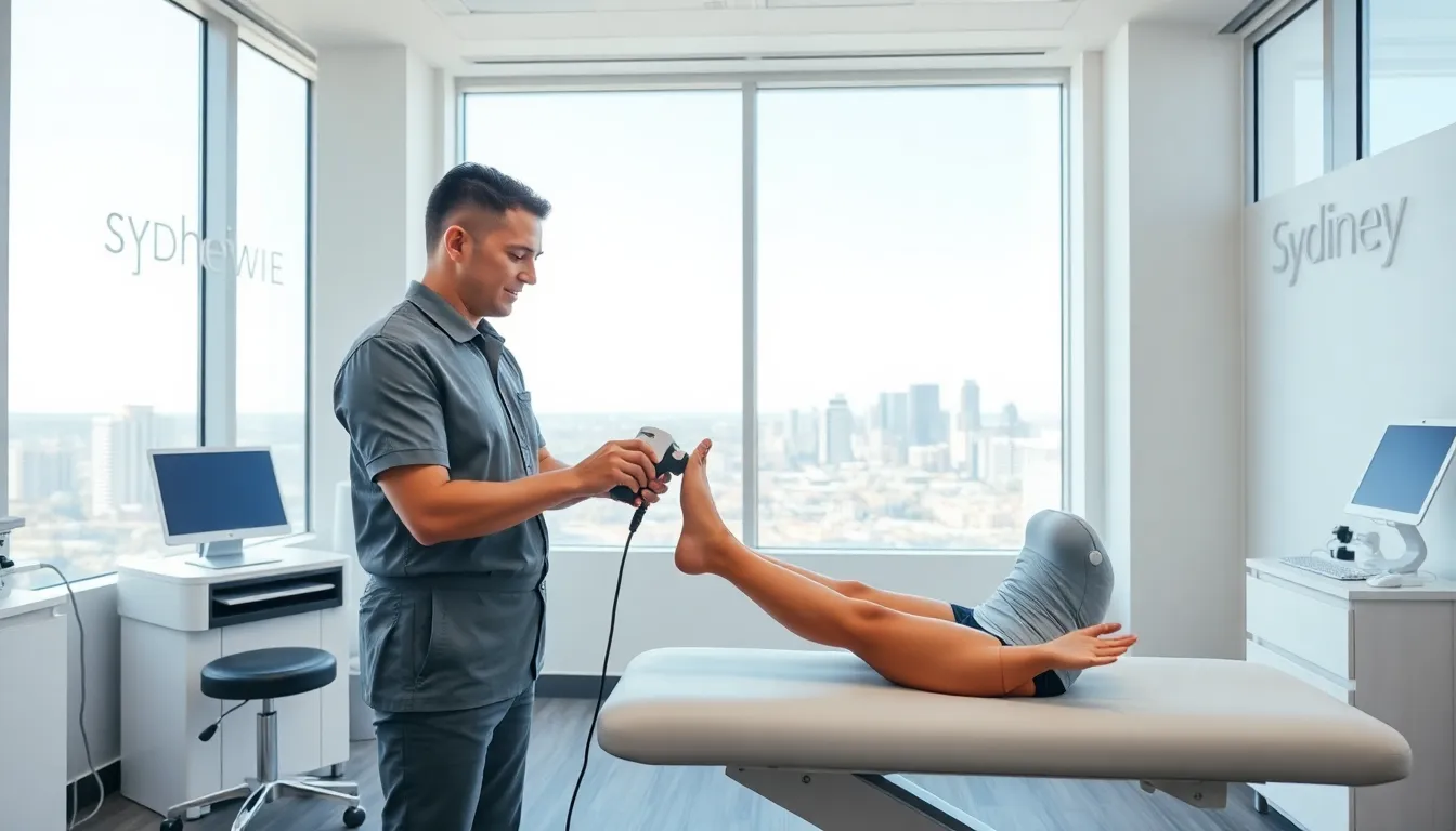 Clinician using shockwave therapy device on a patient’s heel in a modern Sydney clinic.