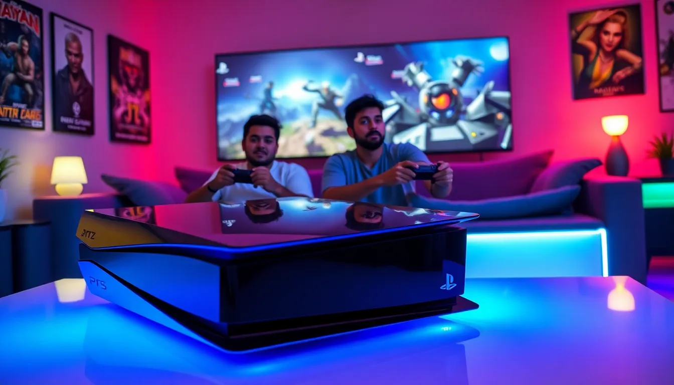 two gamers using a PlayStation 5 in a vibrant gaming room.