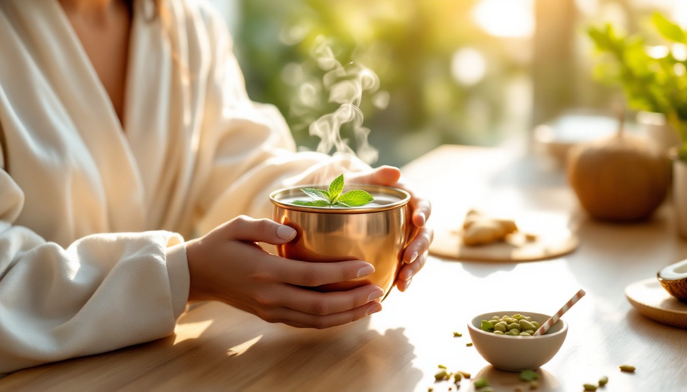Woman holding a copper cup of warm mint water beside coconut and cardamom in sunlit kitchen.