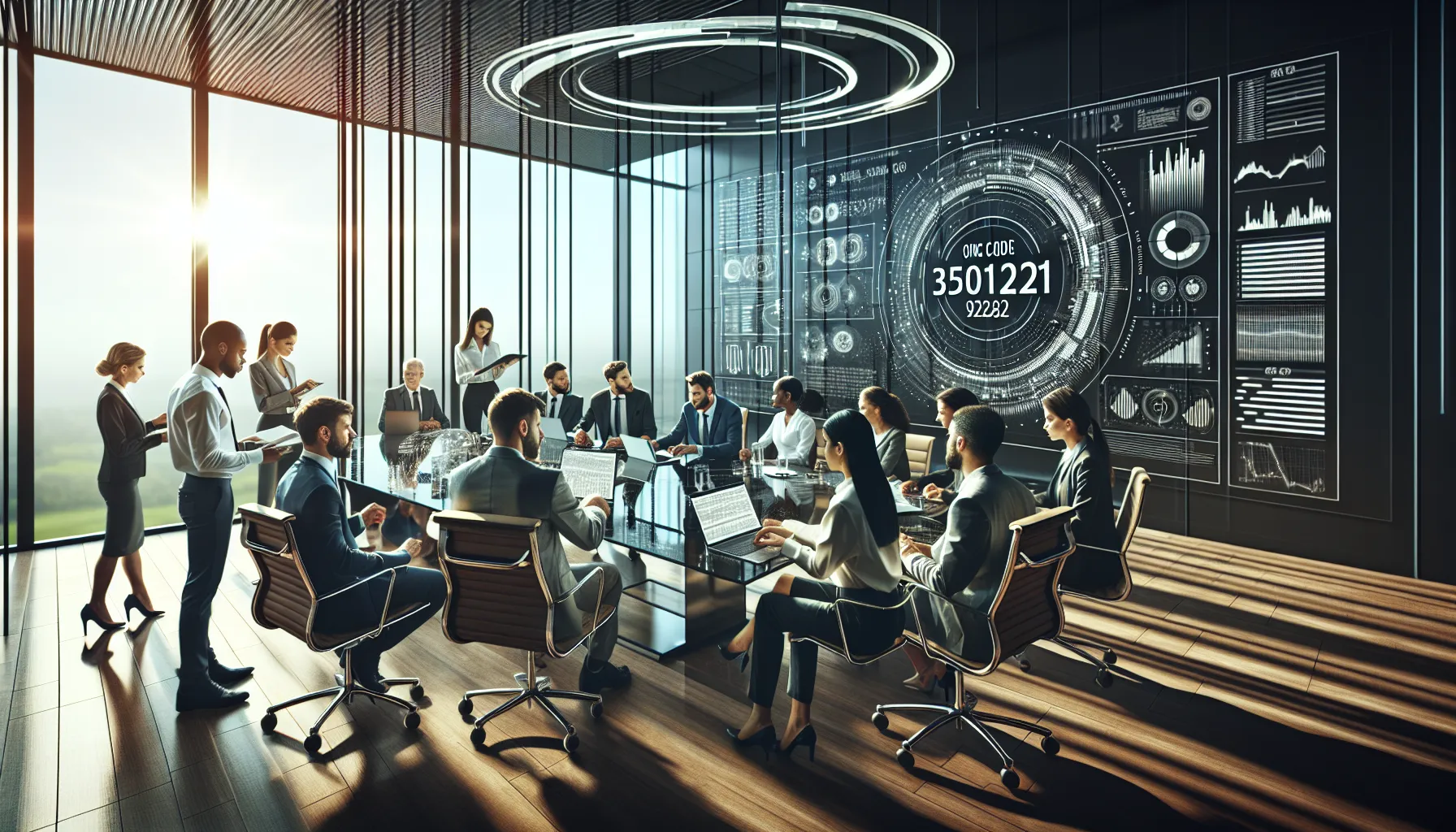 diverse team discussing Code 3501127481 in a modern office.
