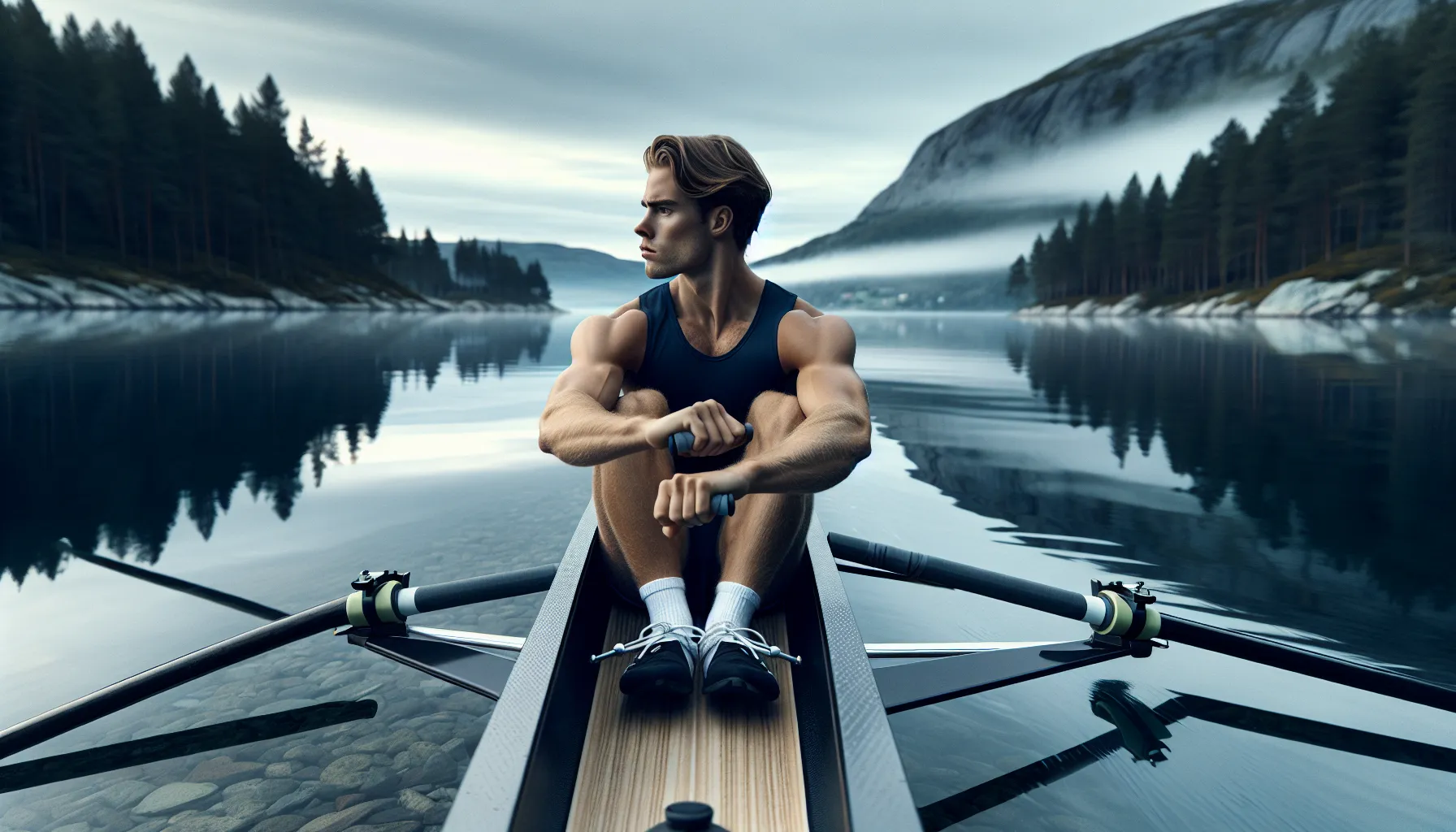Norwegian rower in a single scull demonstrating correct posture and balanced boat position.