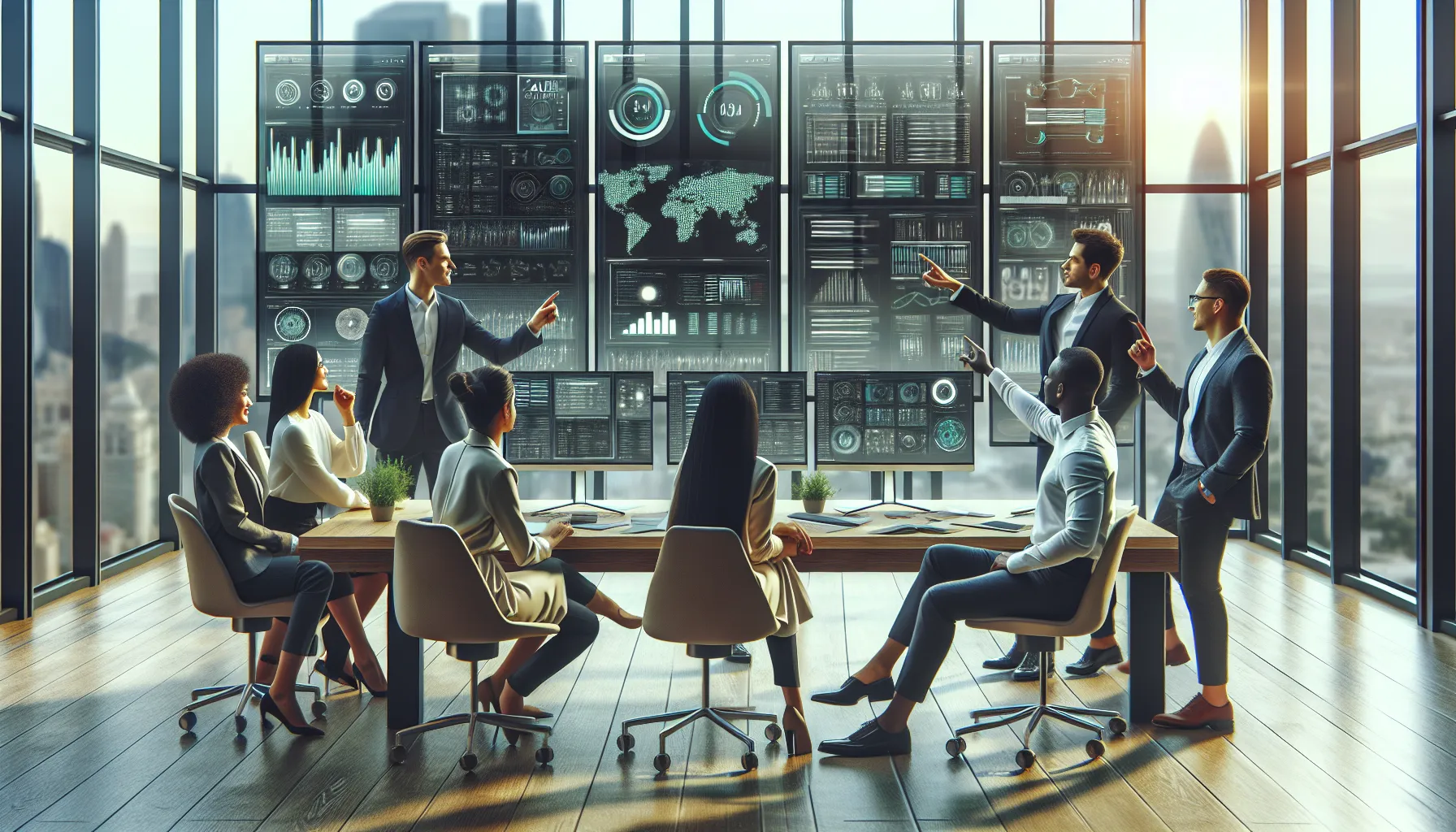 diverse team collaborating with technology in a modern office.