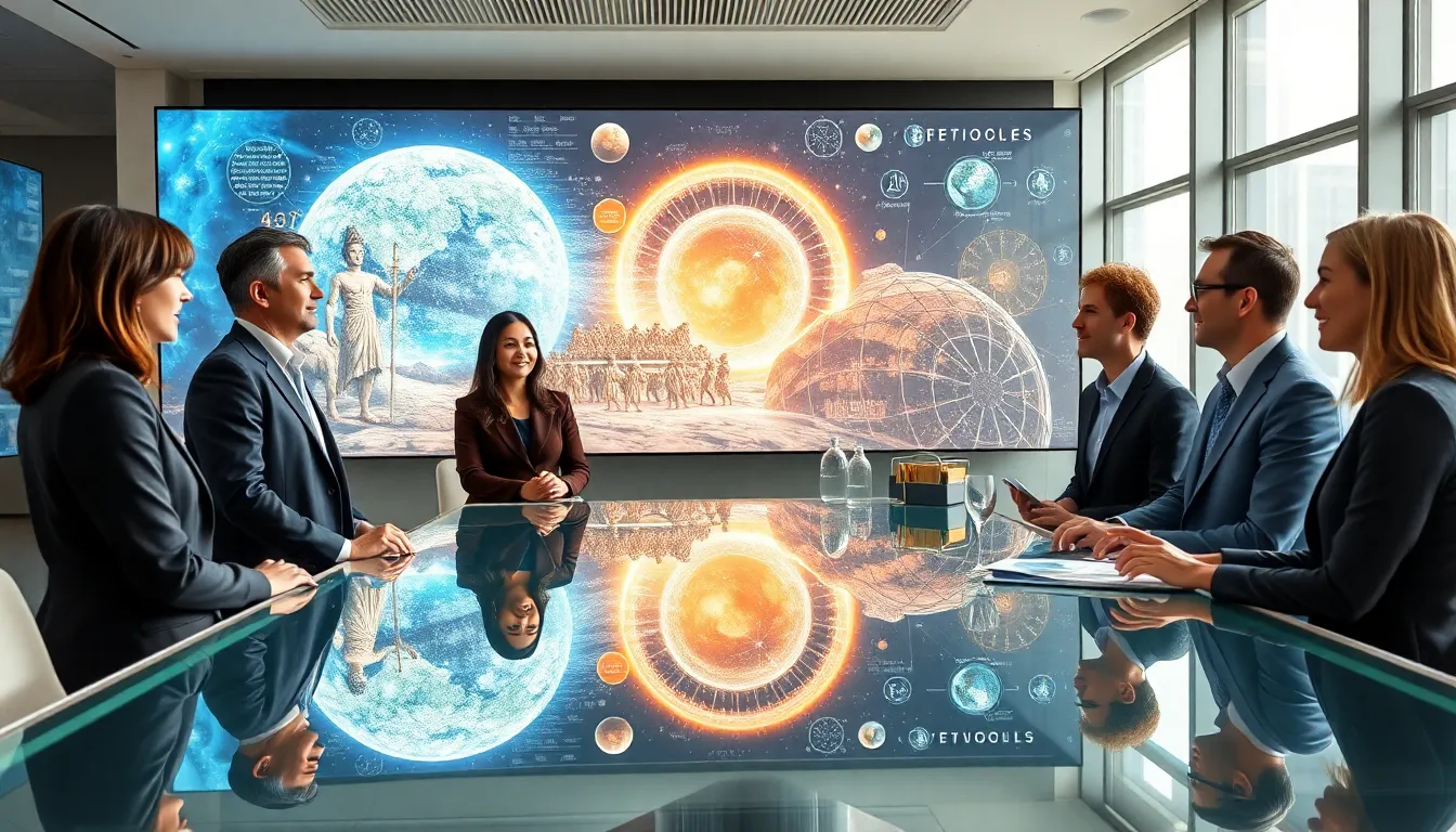 diverse group discussing historical predictions in a modern office.