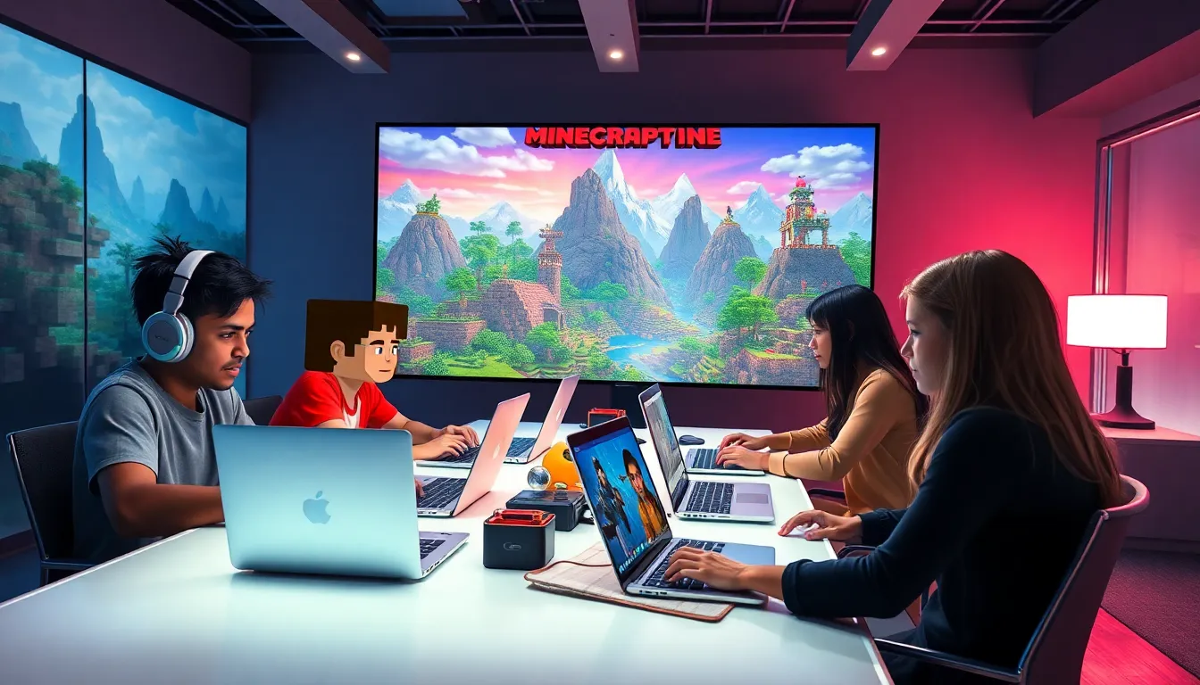 diverse gamers engaged in Minecraft Redwebzine in a modern workspace.