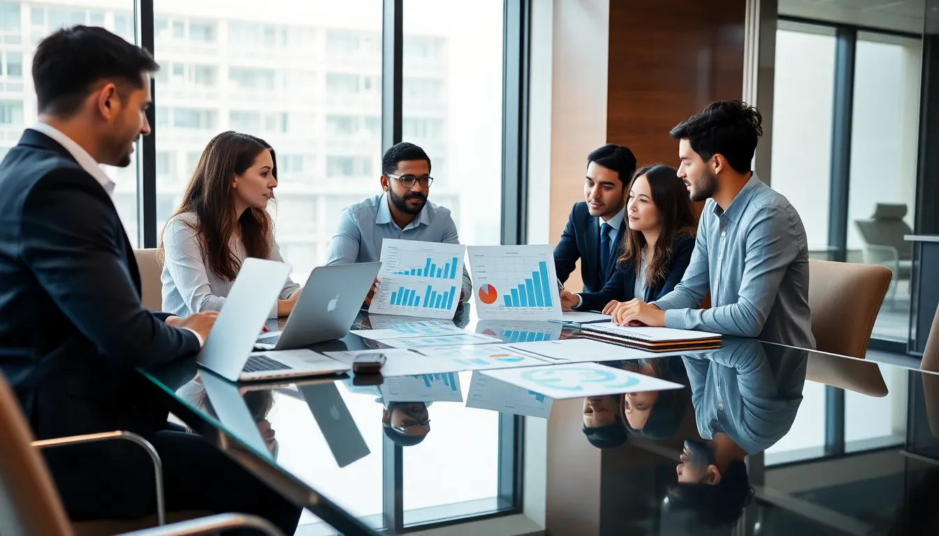 diverse team discussing financial strategies in a modern office.