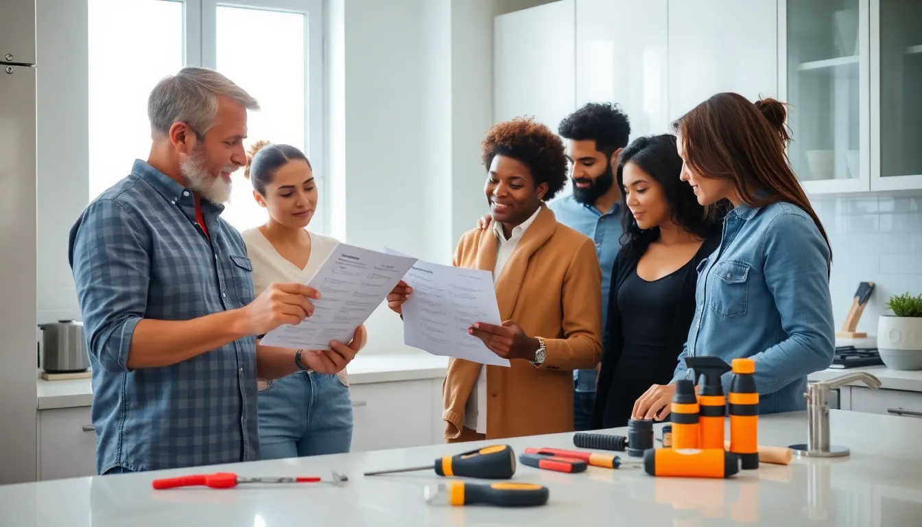 homeowners reviewing maintenance checklists in a modern kitchen.