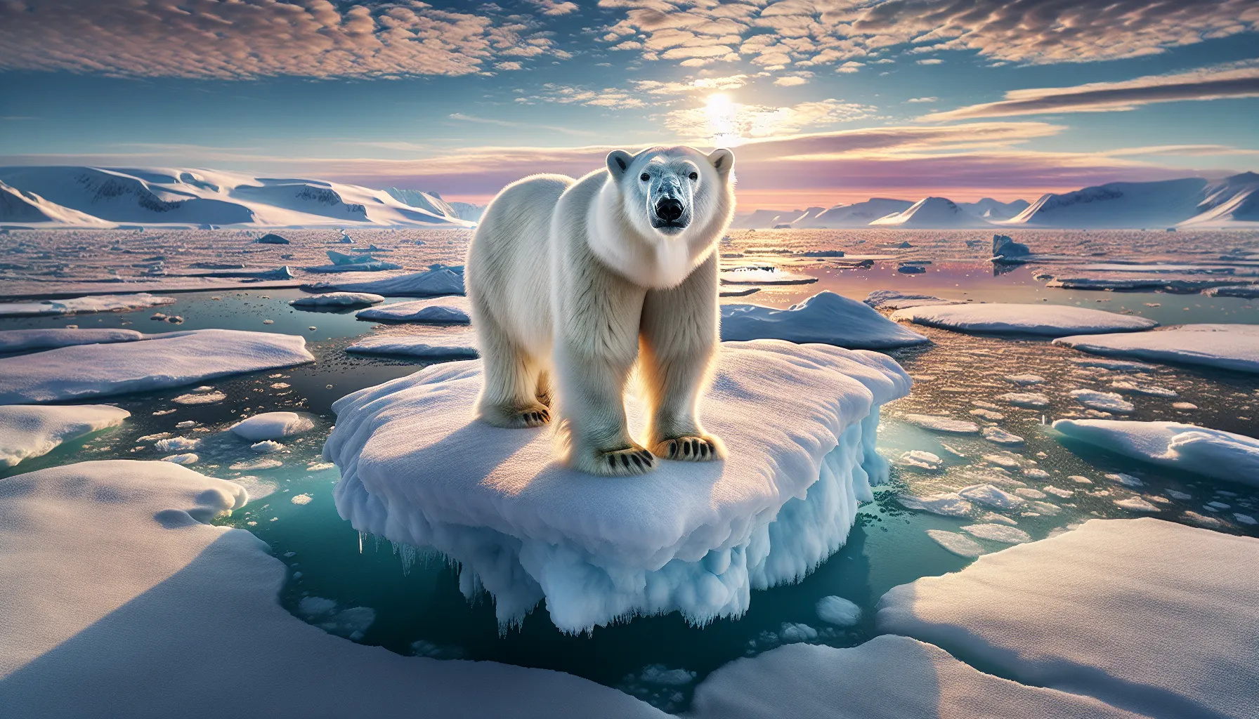 A polar bear standing on Arctic ice under a soft, diffused light.