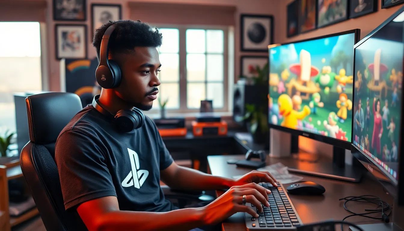 a young gamer in a cozy room, surrounded by PlayStation memorabilia.