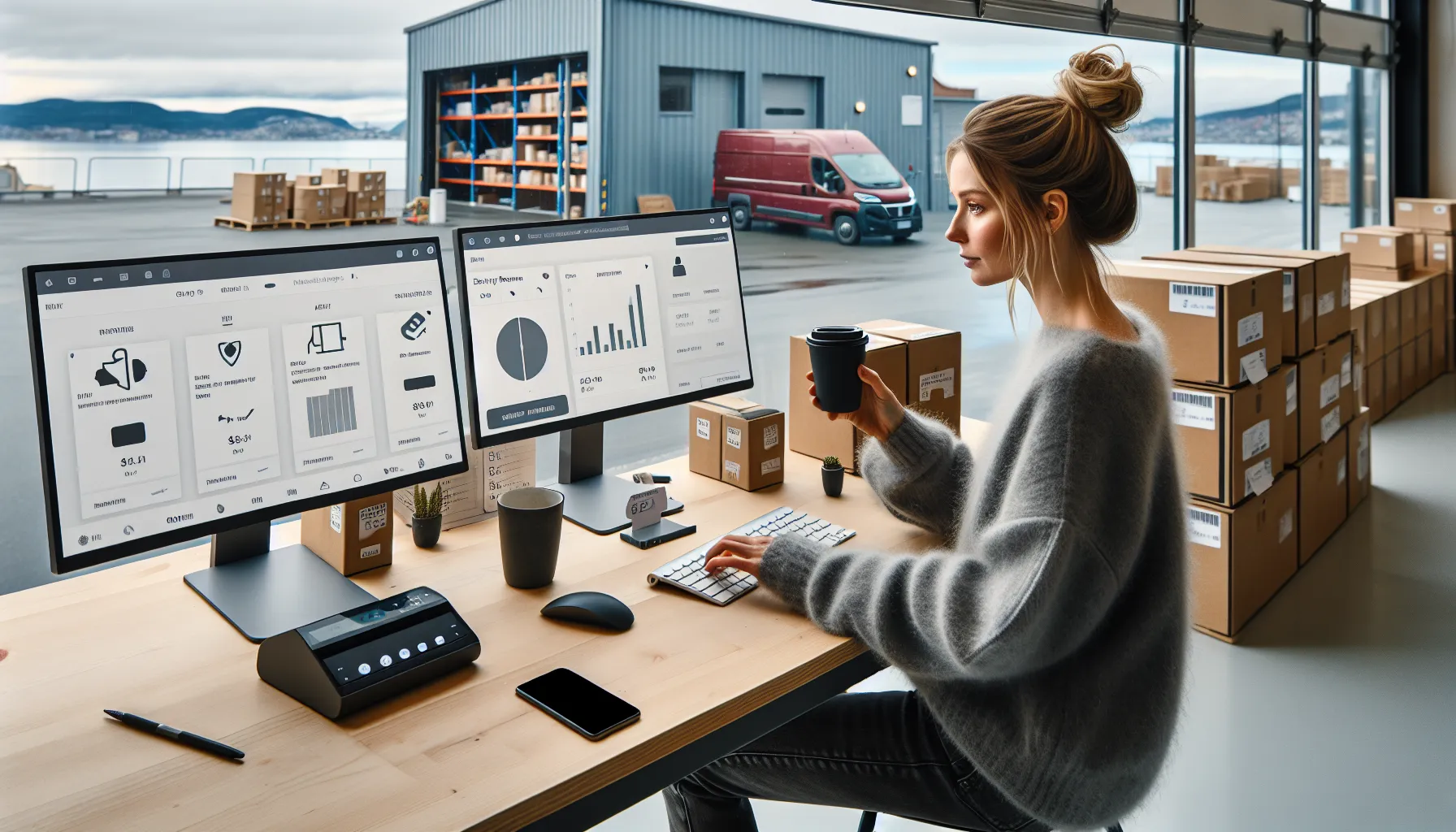 Young norwegian e-commerce analyst reviews dashboards beside warehouse and electric delivery van.